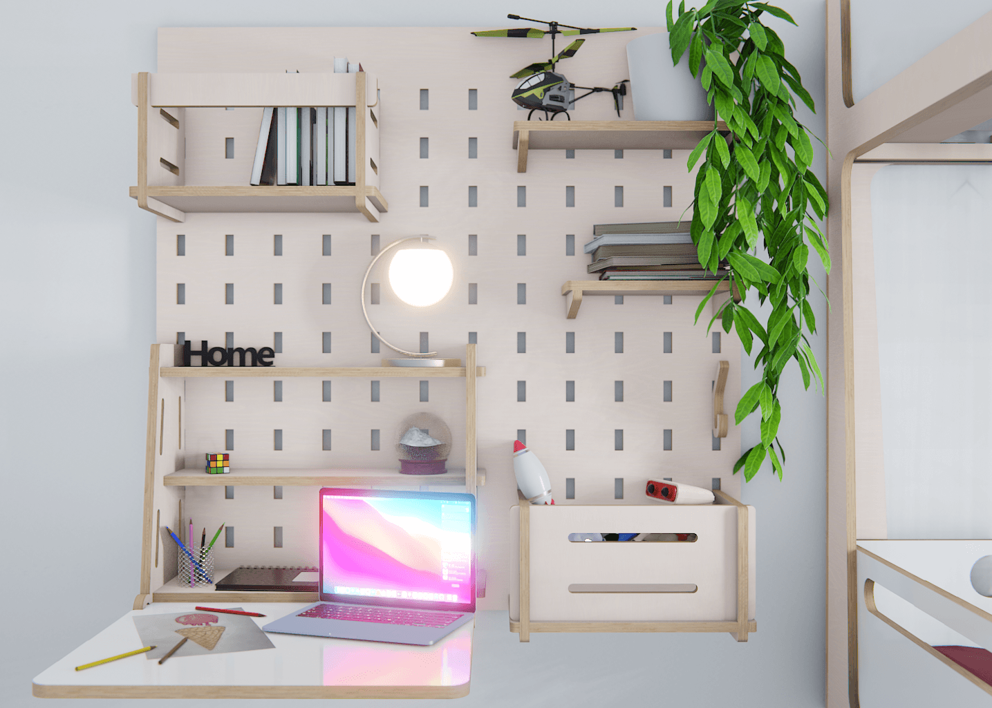 Maximise space & flow with our unique pegboard shelf. Make organisation an art!