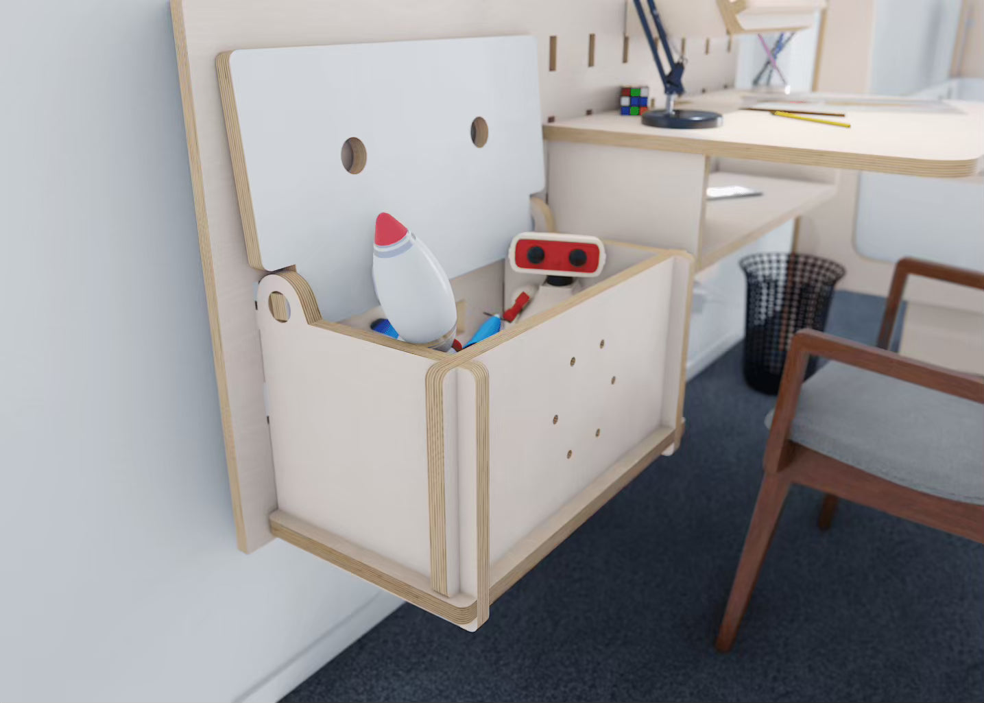 Keep toys in check with our covered plywood storage box. A must-have for any pegboard system
