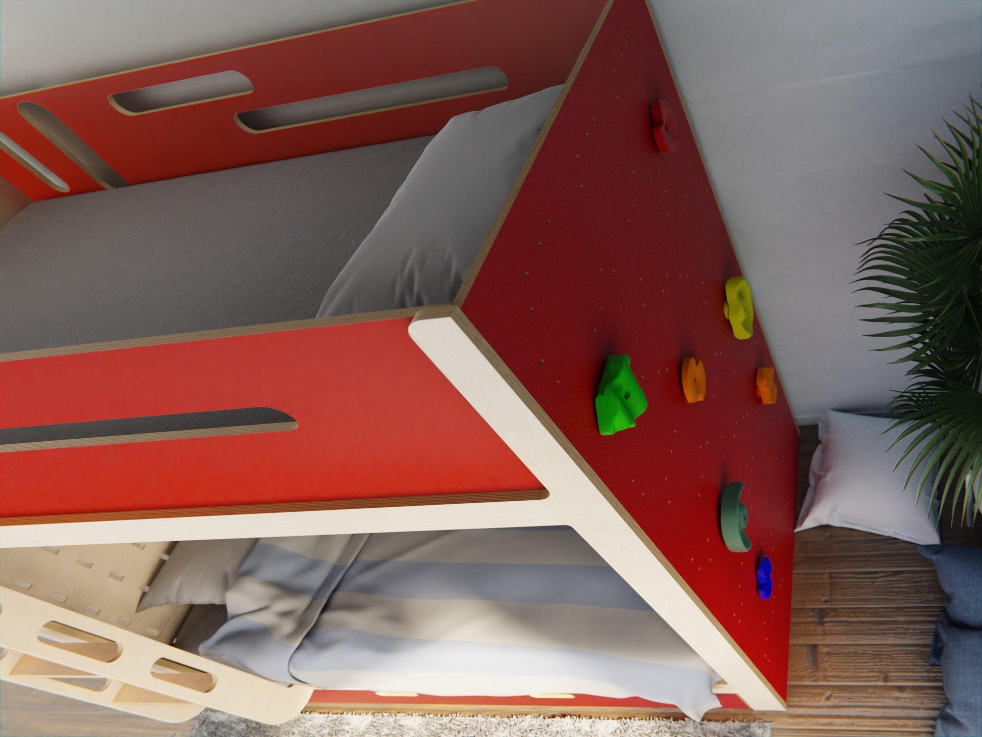 Raise your living with our elevated bunk beds. Includes rock climbing wall in captivating red.