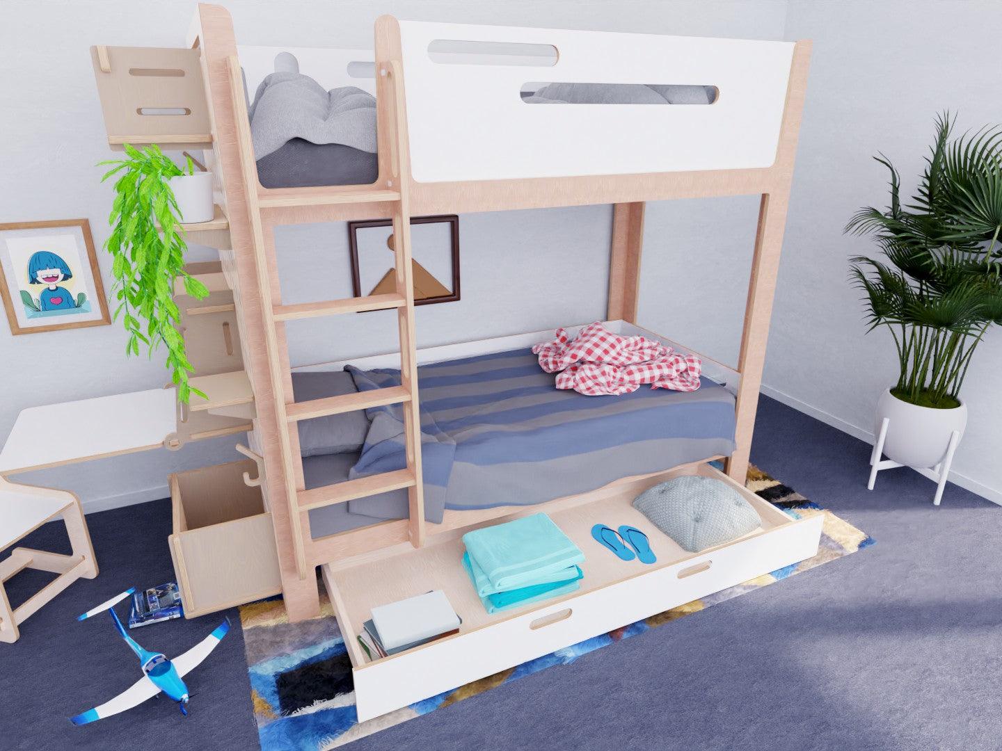 White Bunk bed with storage drawer and desk.
