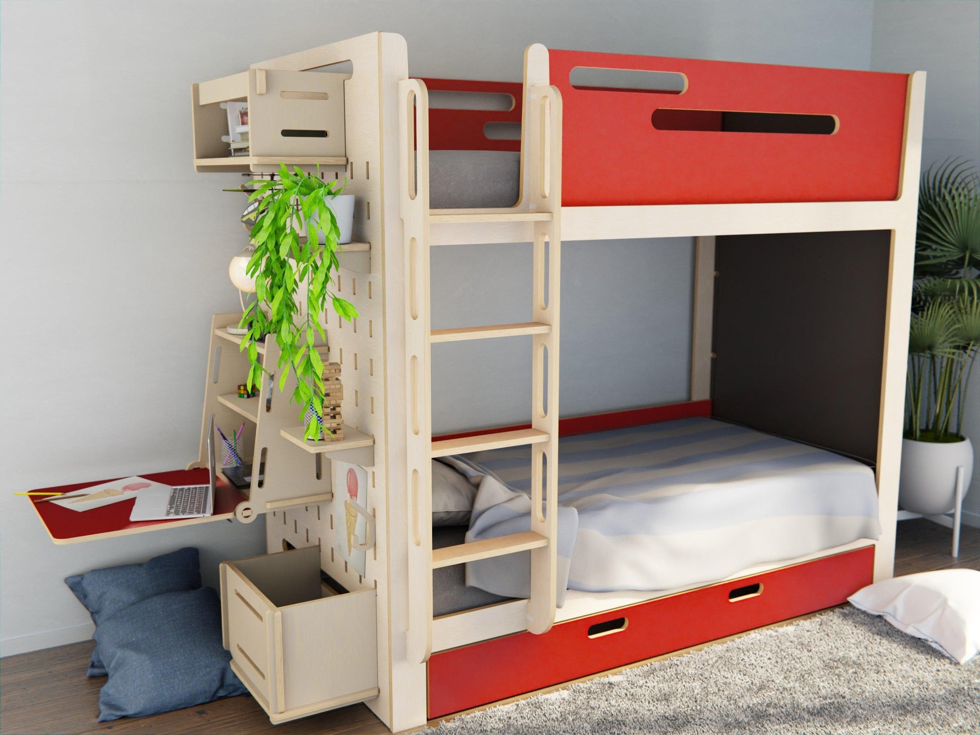 Red Bunk bed with storage drawer and study set. Made from high-quality Plywood.