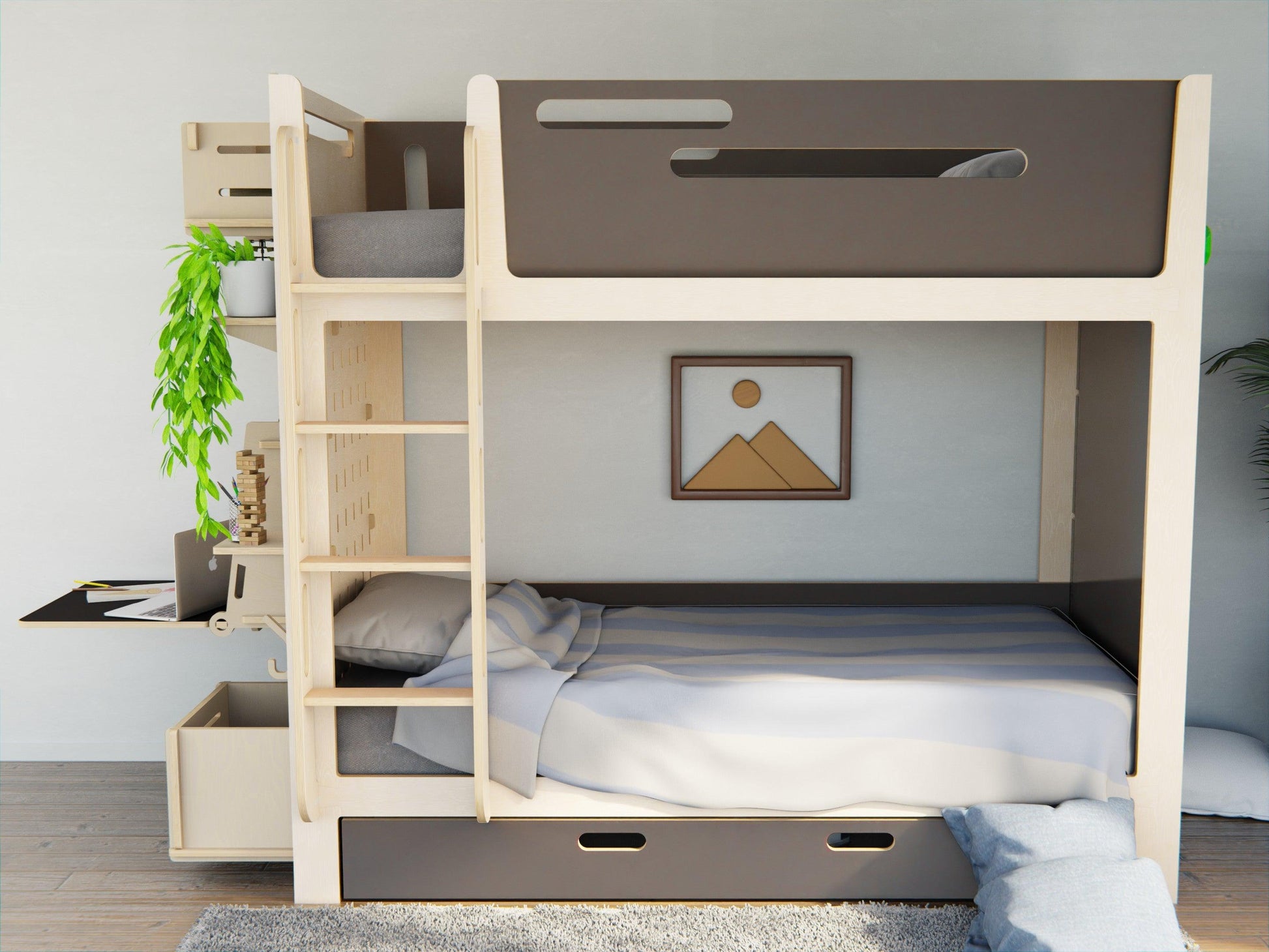 Black plywood Bunk bed with storage and study set.