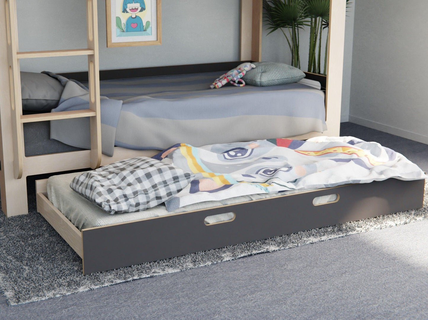 Bunk bed wonders: study, sleep, store! Plywood sets in black. Auckland NZ