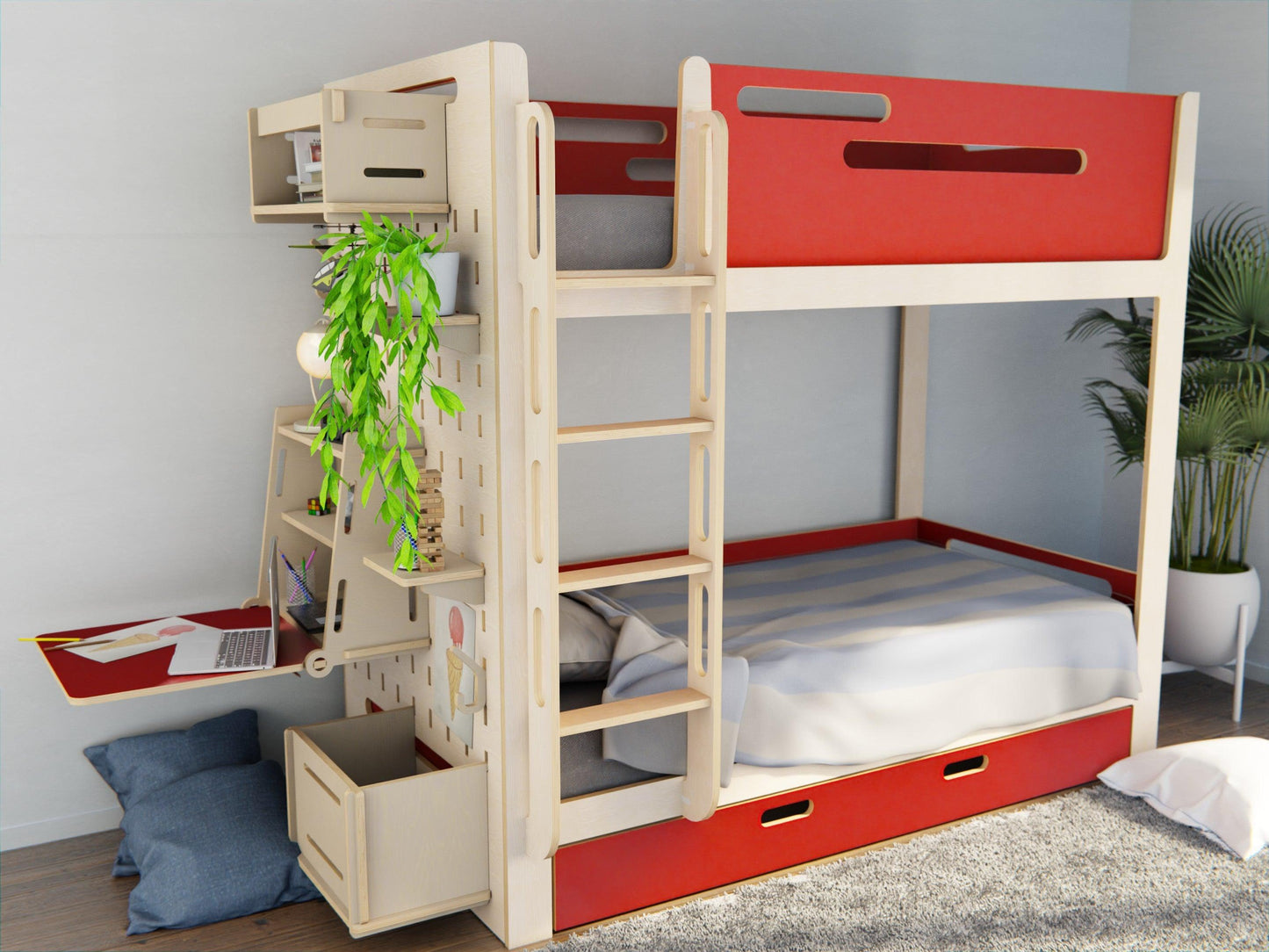 Experience functional elegance with our plywood bunk beds in red. Complete with study set, shelves, and drawer. 
