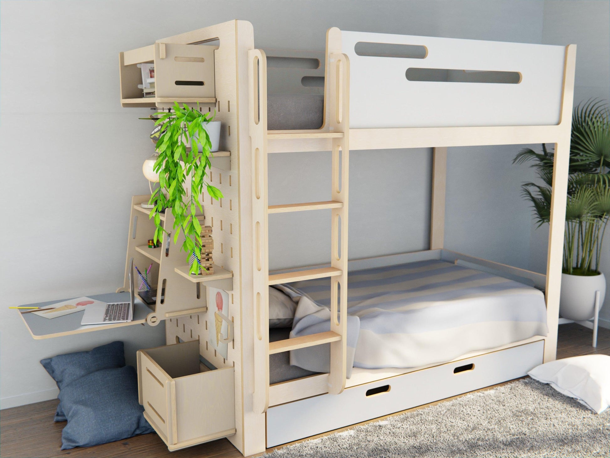 Check out our multi-functional bunk beds with study set and storage drawer. Available in white.
