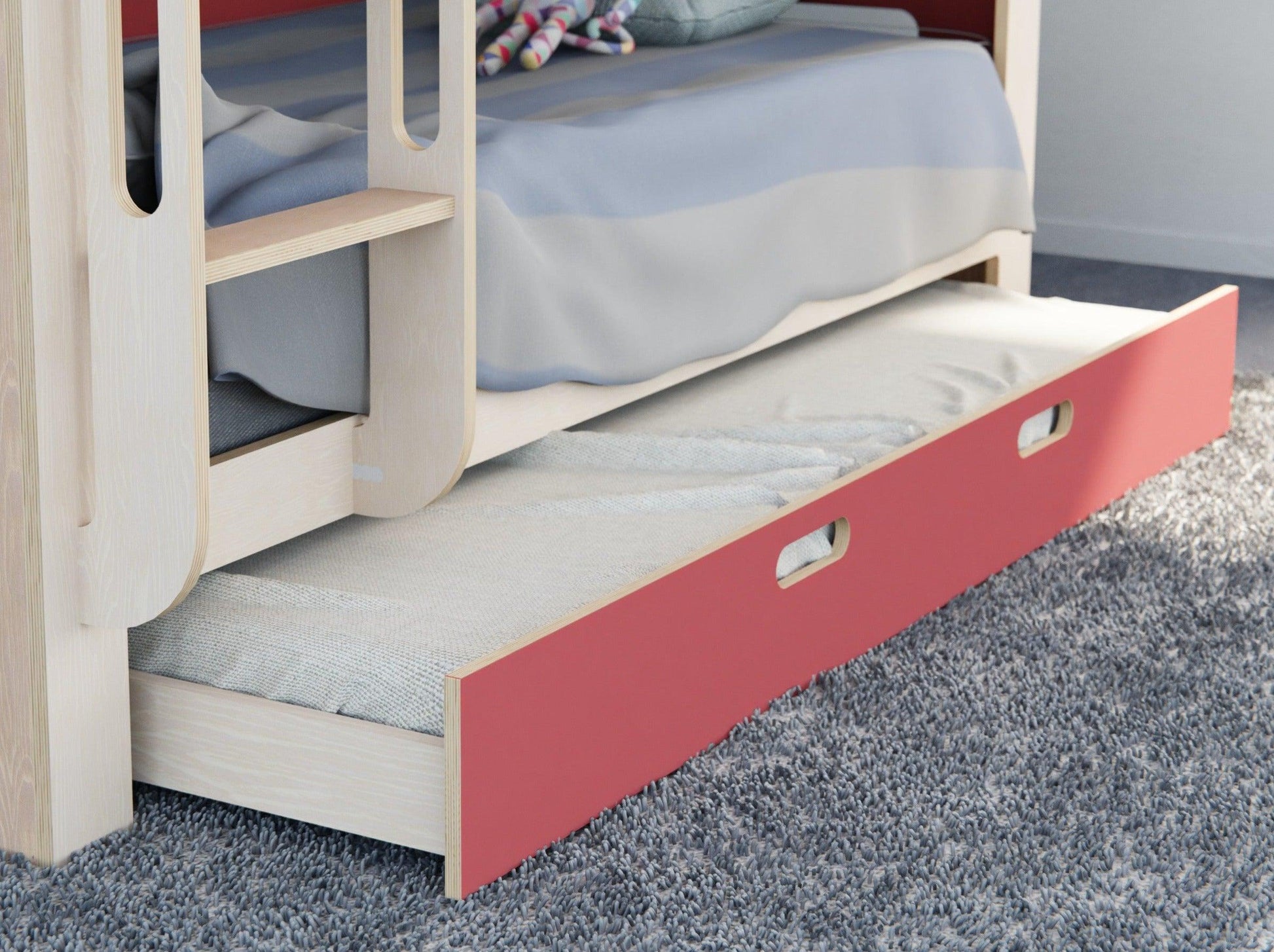 Revolutionize your space with our plywood bunk beds. Featuring study set, storage, in captivating red.