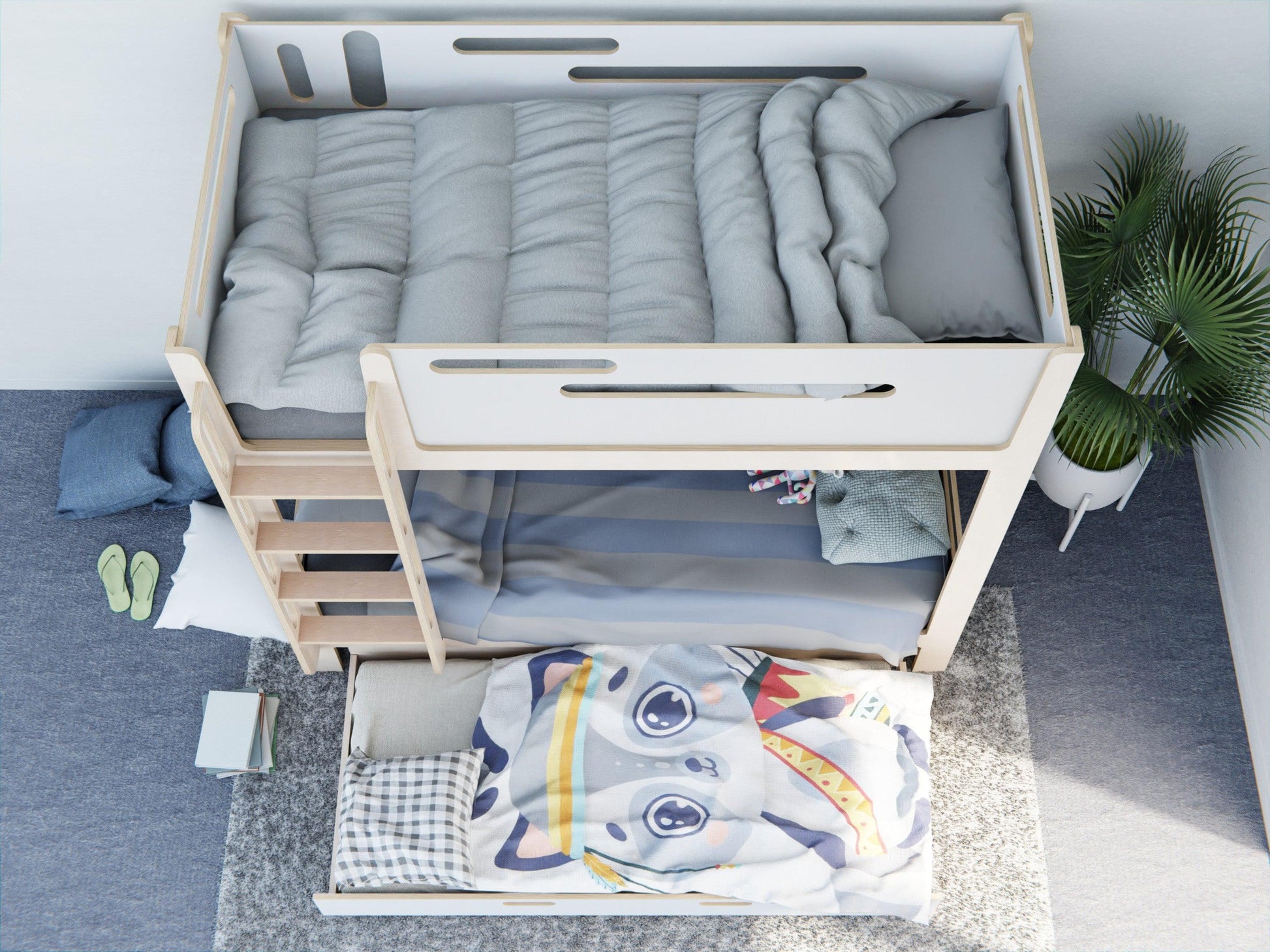 Elevated beds like no other! Our plywood bunk beds feature study sets, drawers, in white.
