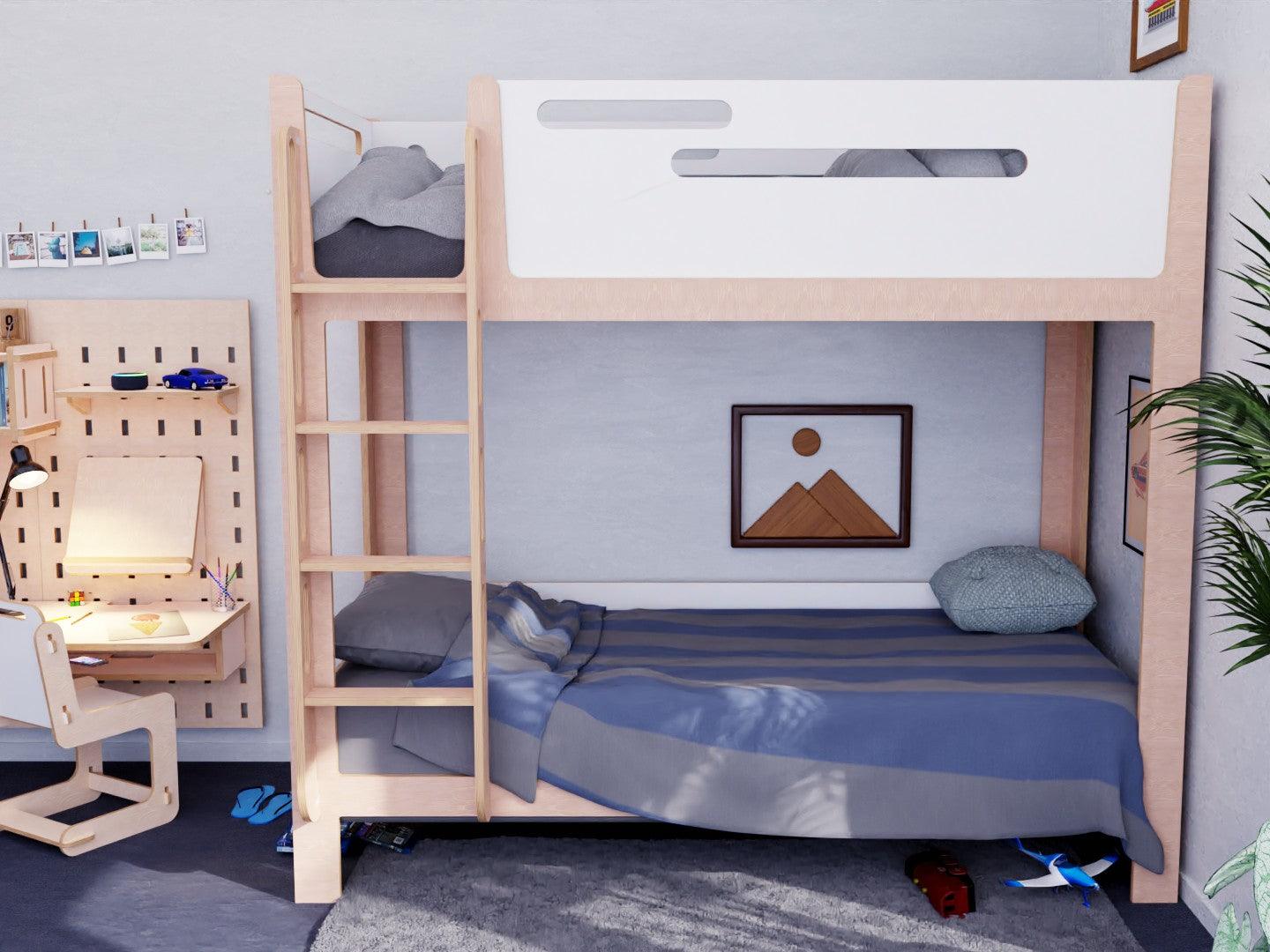 Upgrade to our elevated plywood bunk beds. Complete with study set, shelves. Choose your colour!