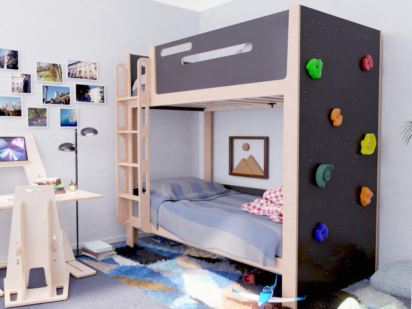 Experience an elevated sleep with our multifunctional bunk beds with rock climbing wall.