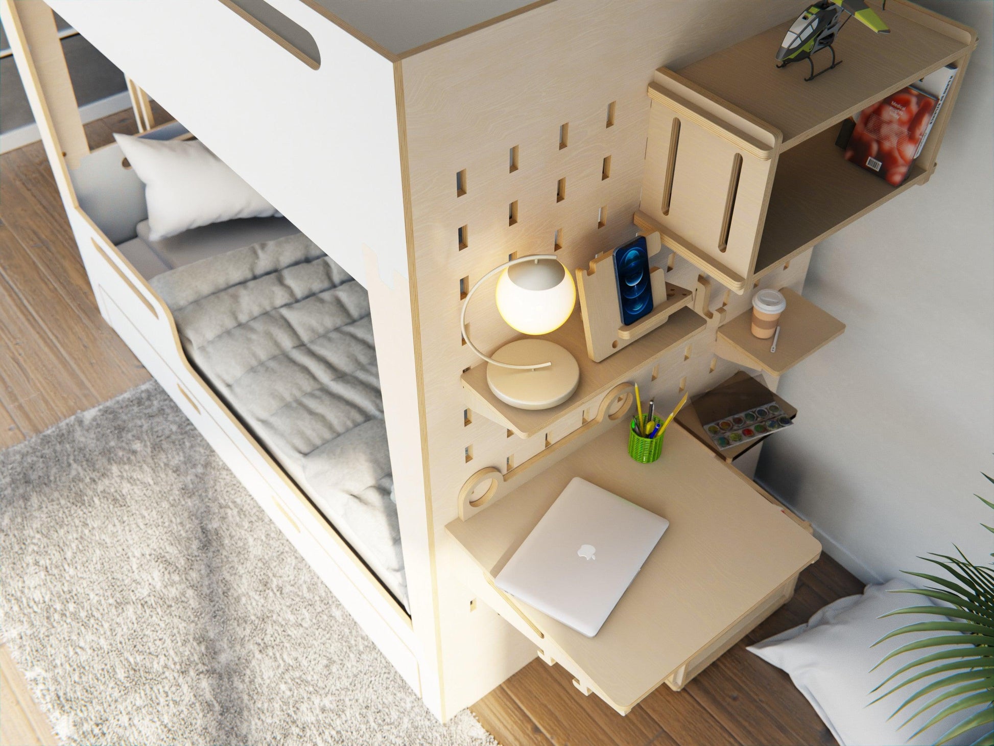 Scandinavian simplicity meets functionality. Plywood bunk beds with desk and shelf. Available in white.