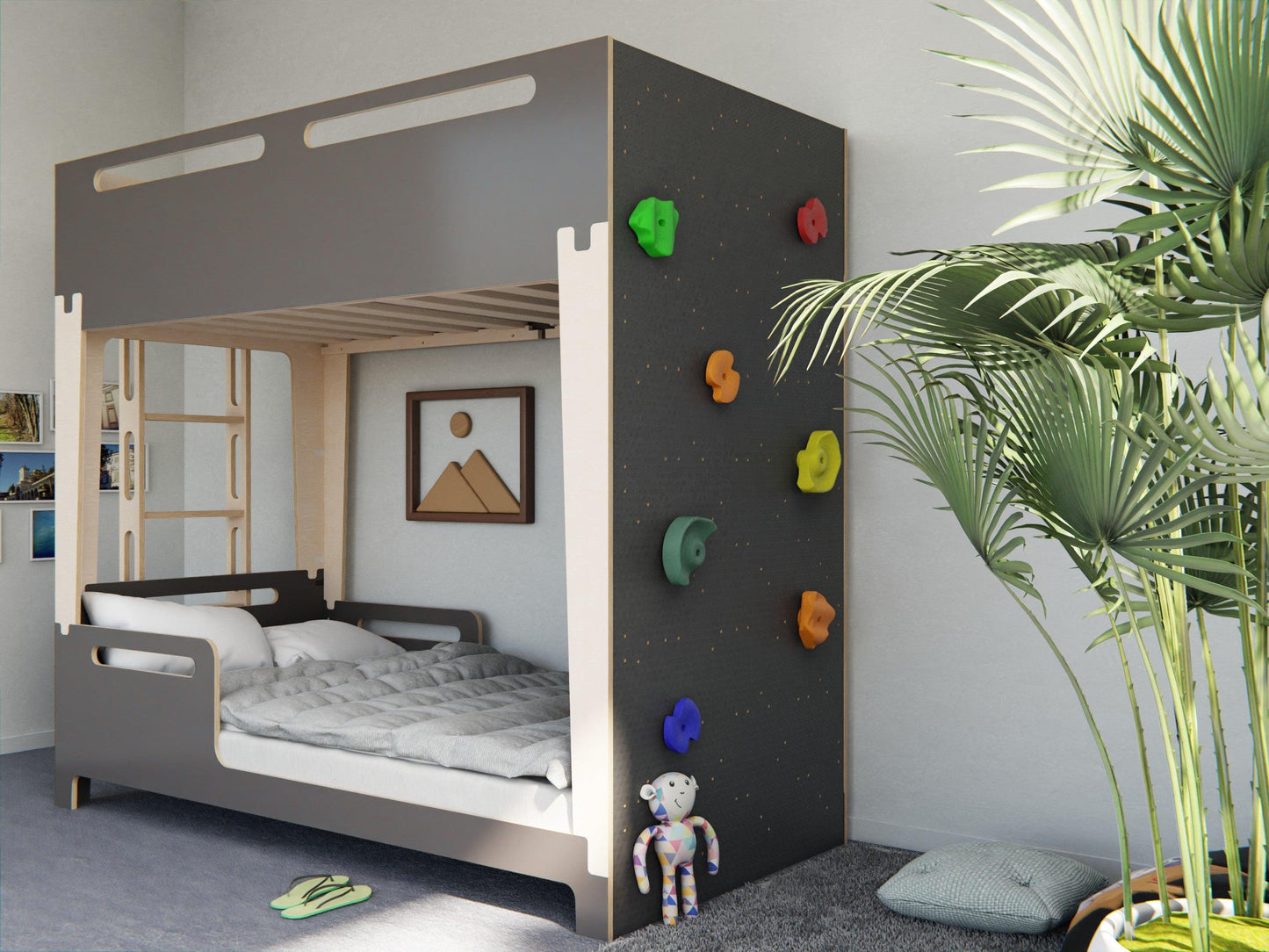 Enjoy the minimalistic charm of our Scandinavian-style plywood bunk beds with rock climbing wall.