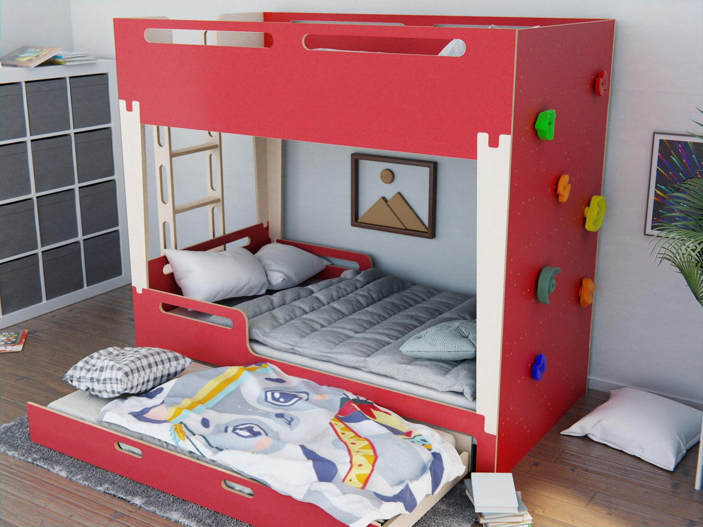 Red Bunk bed with trundle bed and rock climbing wall.
