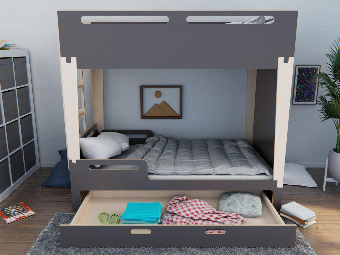 Experience elevated comfort with our Scandinavian-style plywood beds in black. Complete with storage drawer. 