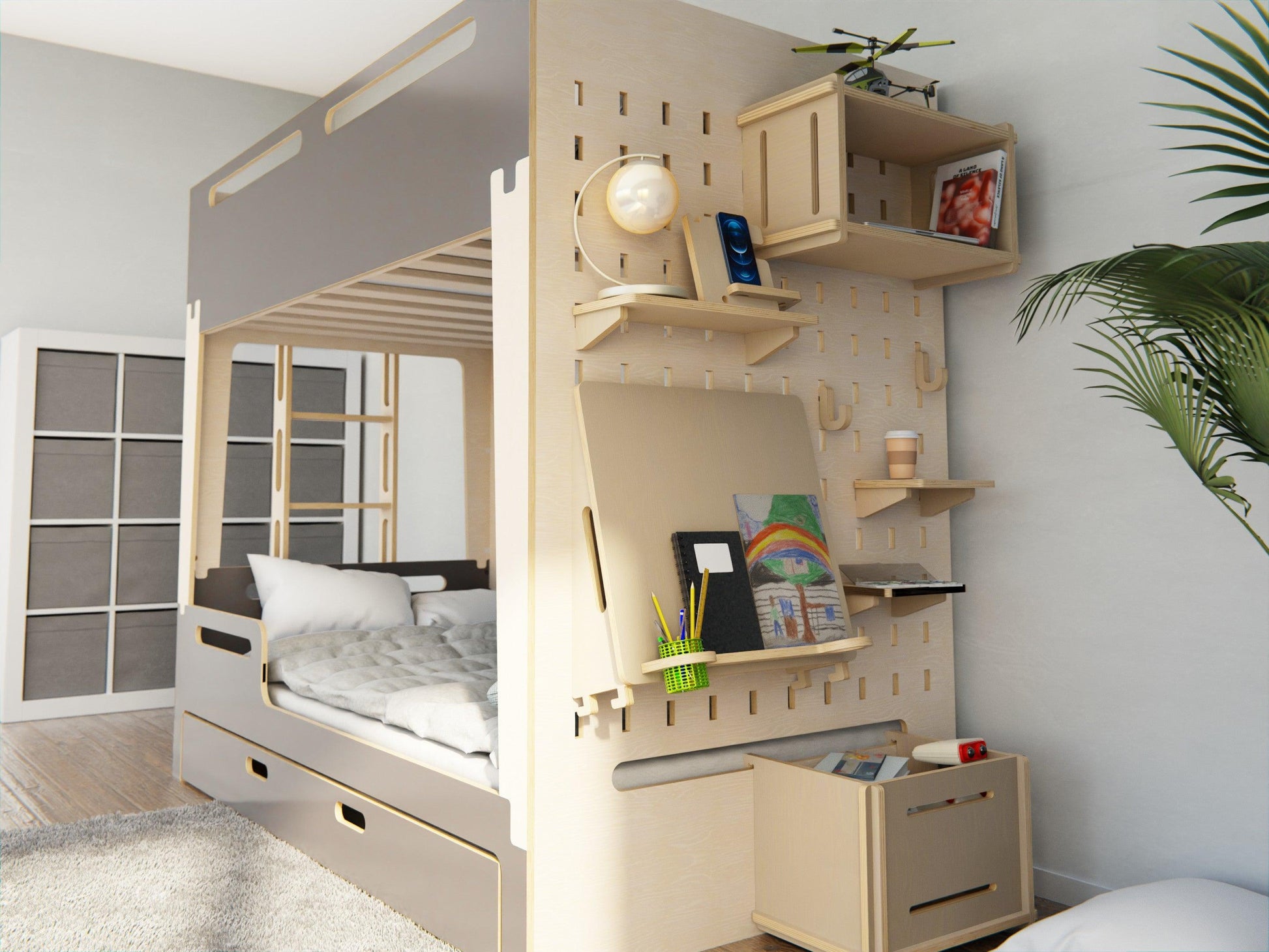 Scandinavian-style elevated comfort! Plywood bunk beds in black with study sets, drawers. 
