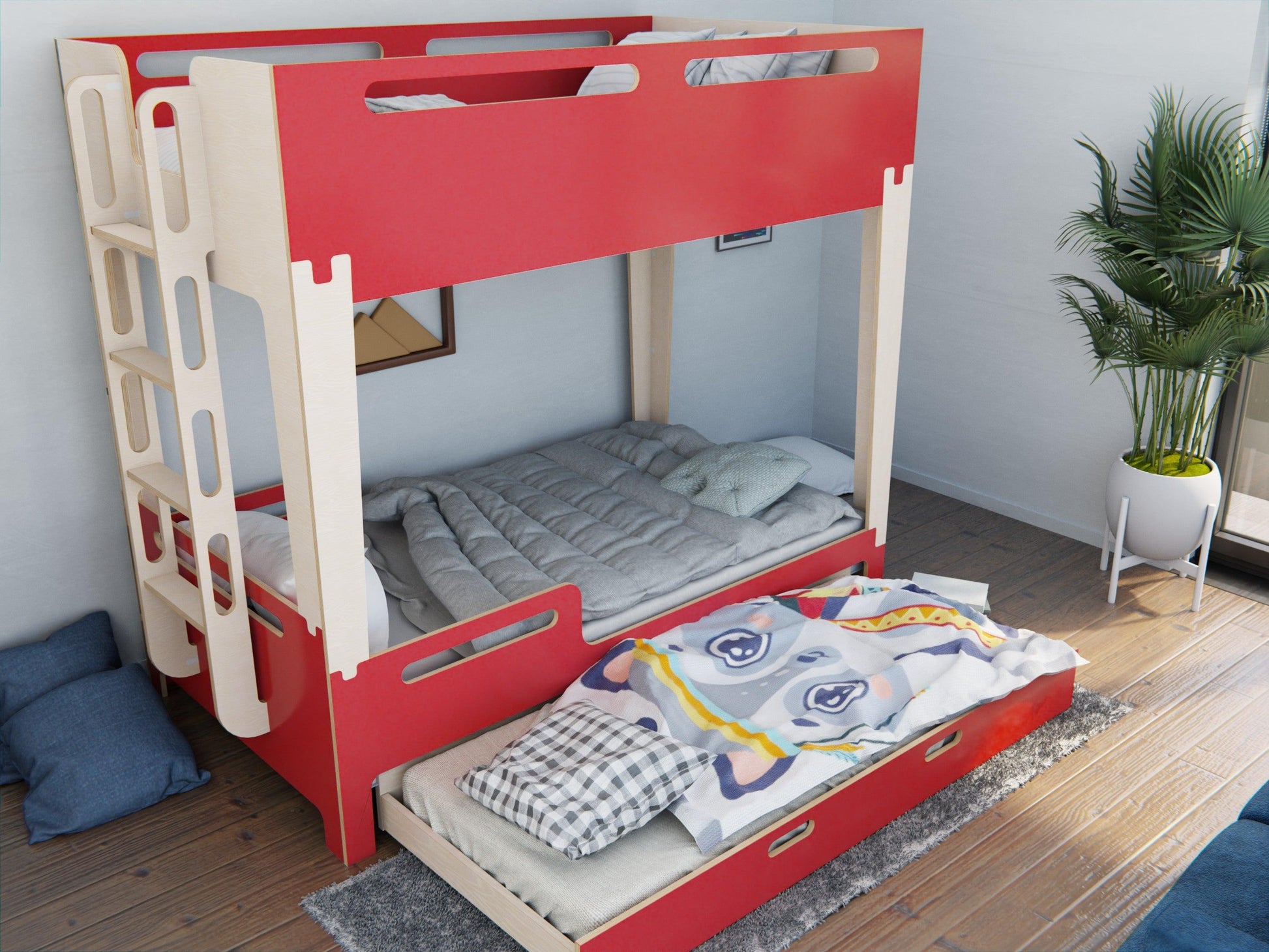 Space-saving red bunk bed with trundle bed.
