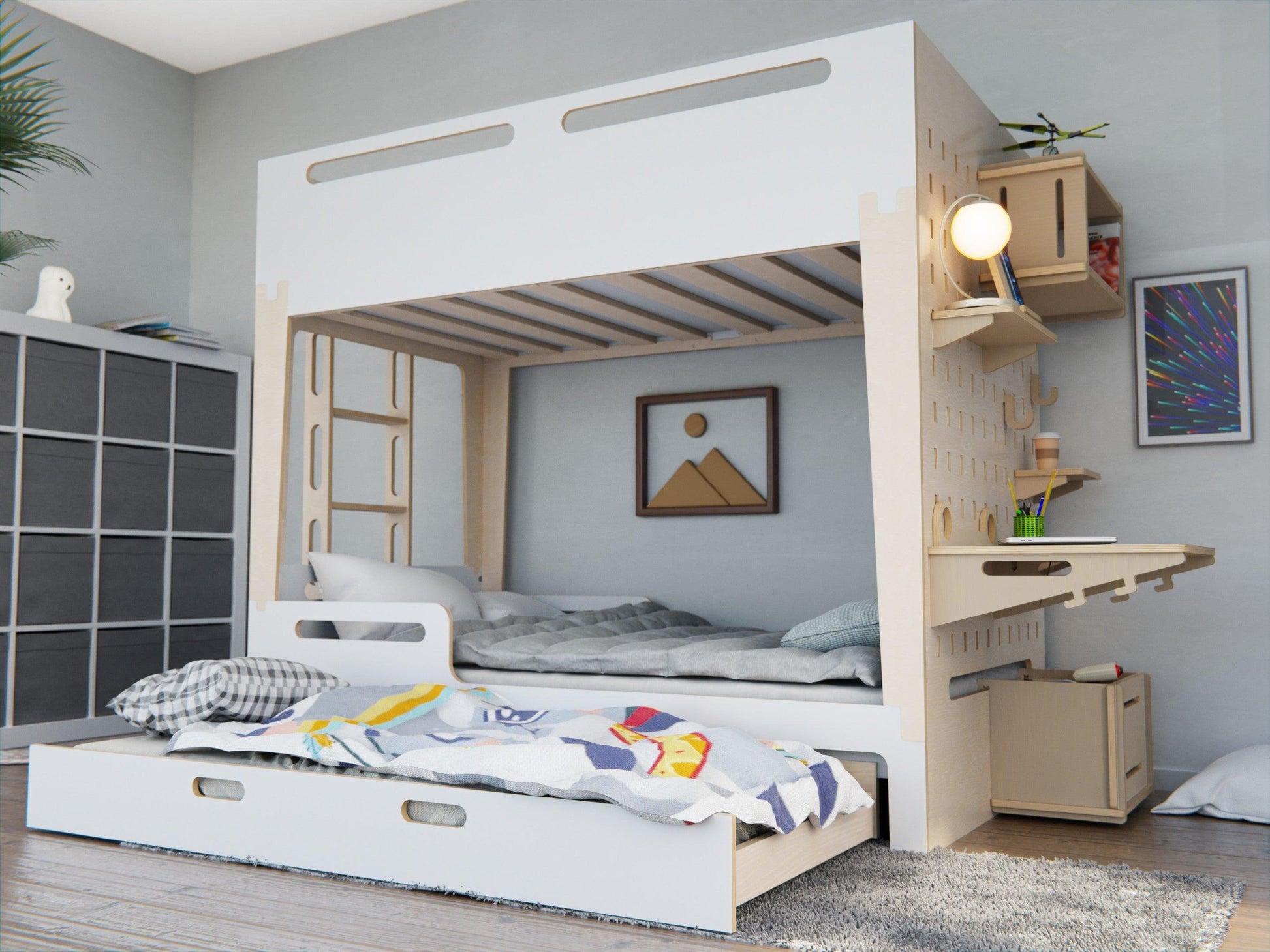 Enjoy luxury with space-saving elevated beds. Plywood, complete with study set, trundle bed. Available in three colours.