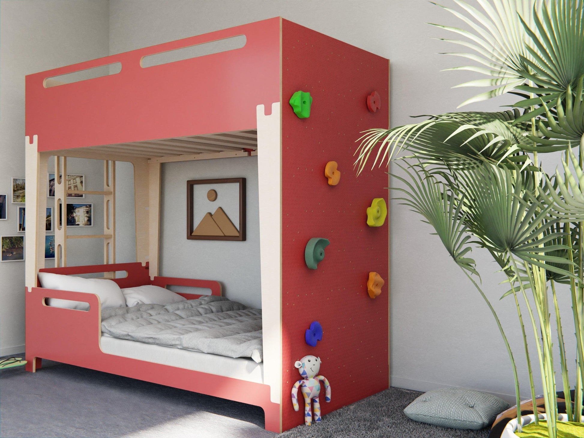 Modern red bunk bed with rock climbing wall. Perfect for kids bedroom.