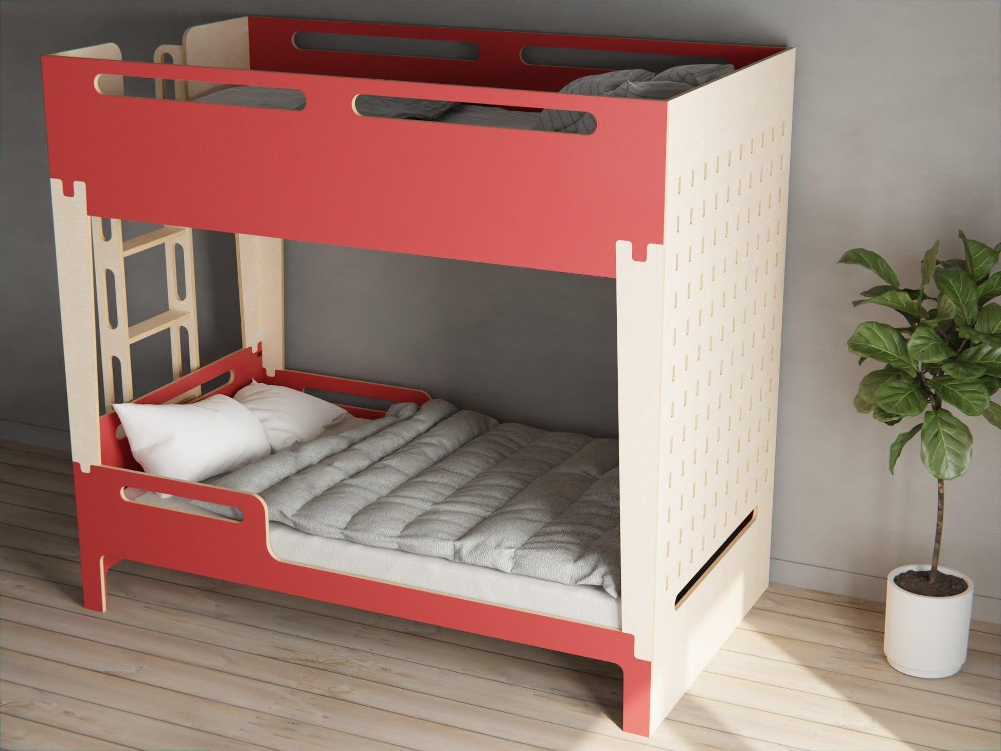 Chic, functional elevated beds in Scandinavian-style. Made from plywood in rd colour.