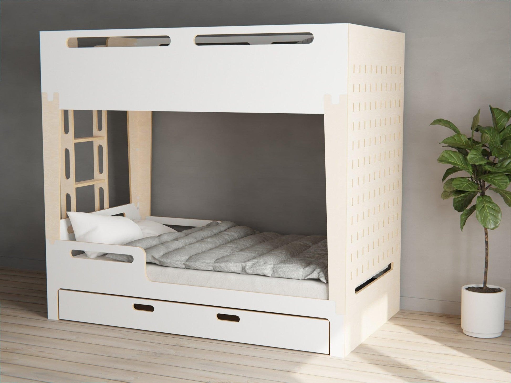 Modern, chic, and functional! Scandinavian-style plywood bunk beds with storage drawer. Available in white.