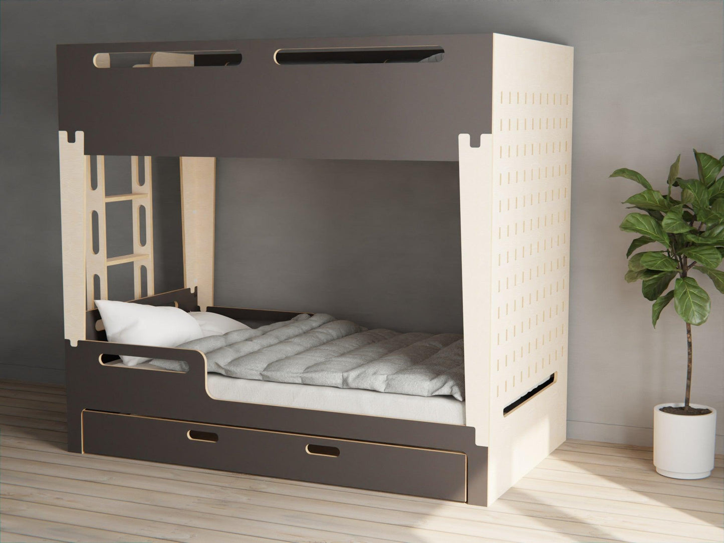 Embrace simplicity with our Scandinavian-style plywood bunk beds. Includes trundle bed in black colour.