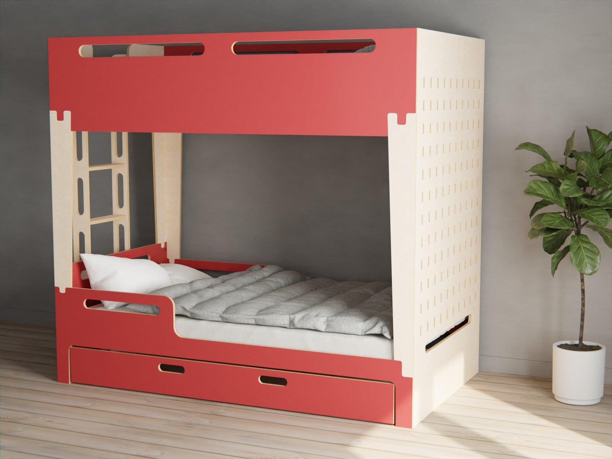 Revamp your space with our Scandinavian-style plywood bunk beds. Complete with storage drawer. Available in red colour.