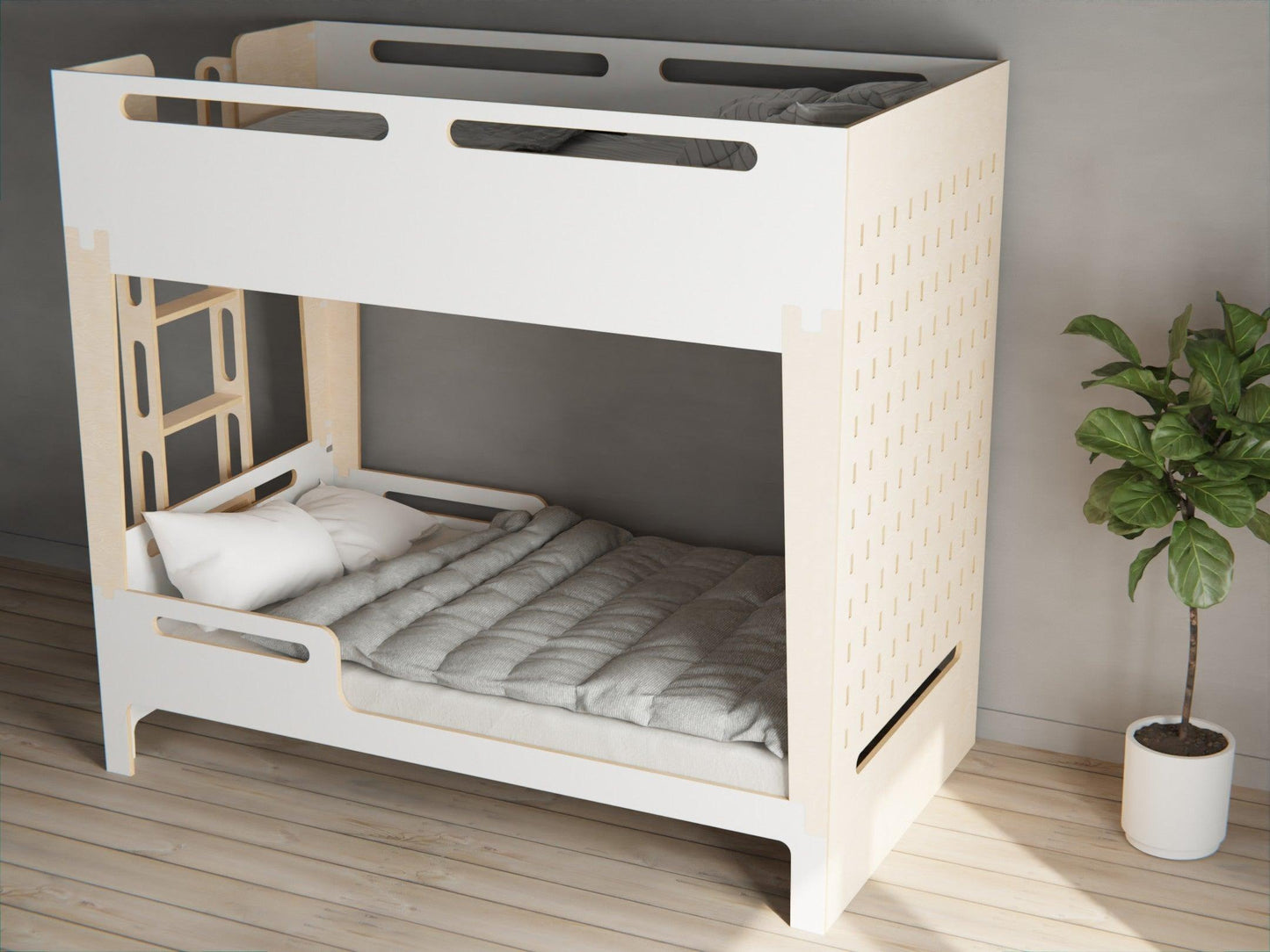Scandinavian-style white bunk beds to elevate your comfort. Made from high-quality plywood.
