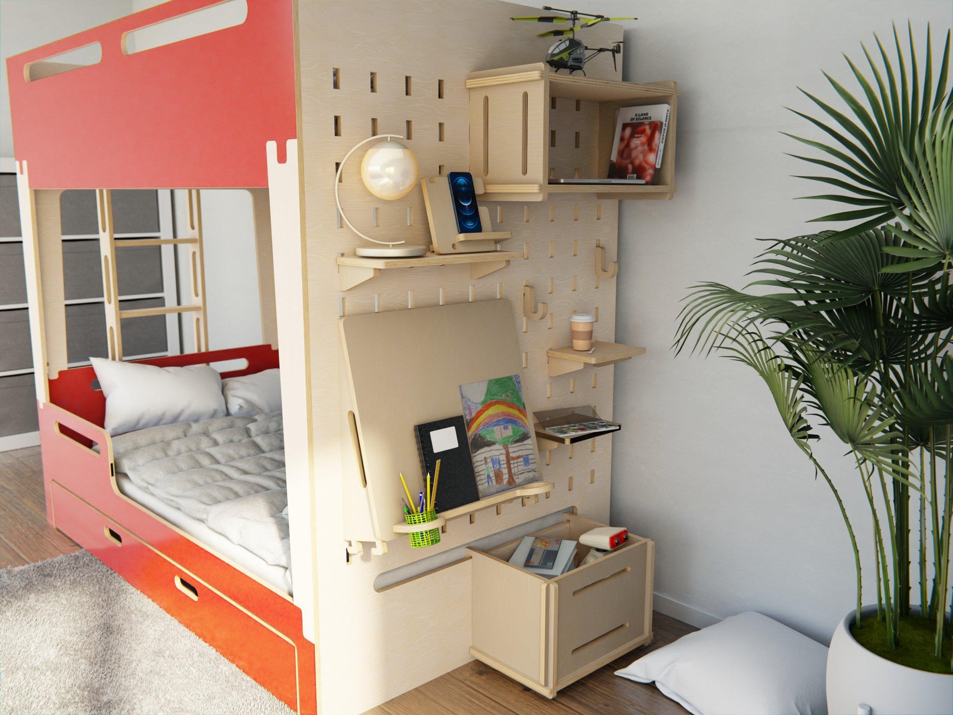 Scandinavian-style bunk beds, crafted from plywood. Complete with study set and storage. Available in red.
