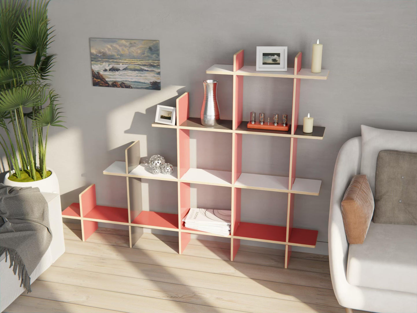 Modular birch plywood bookshelf with flexible sections — easy to reconfigure for any room or display setup