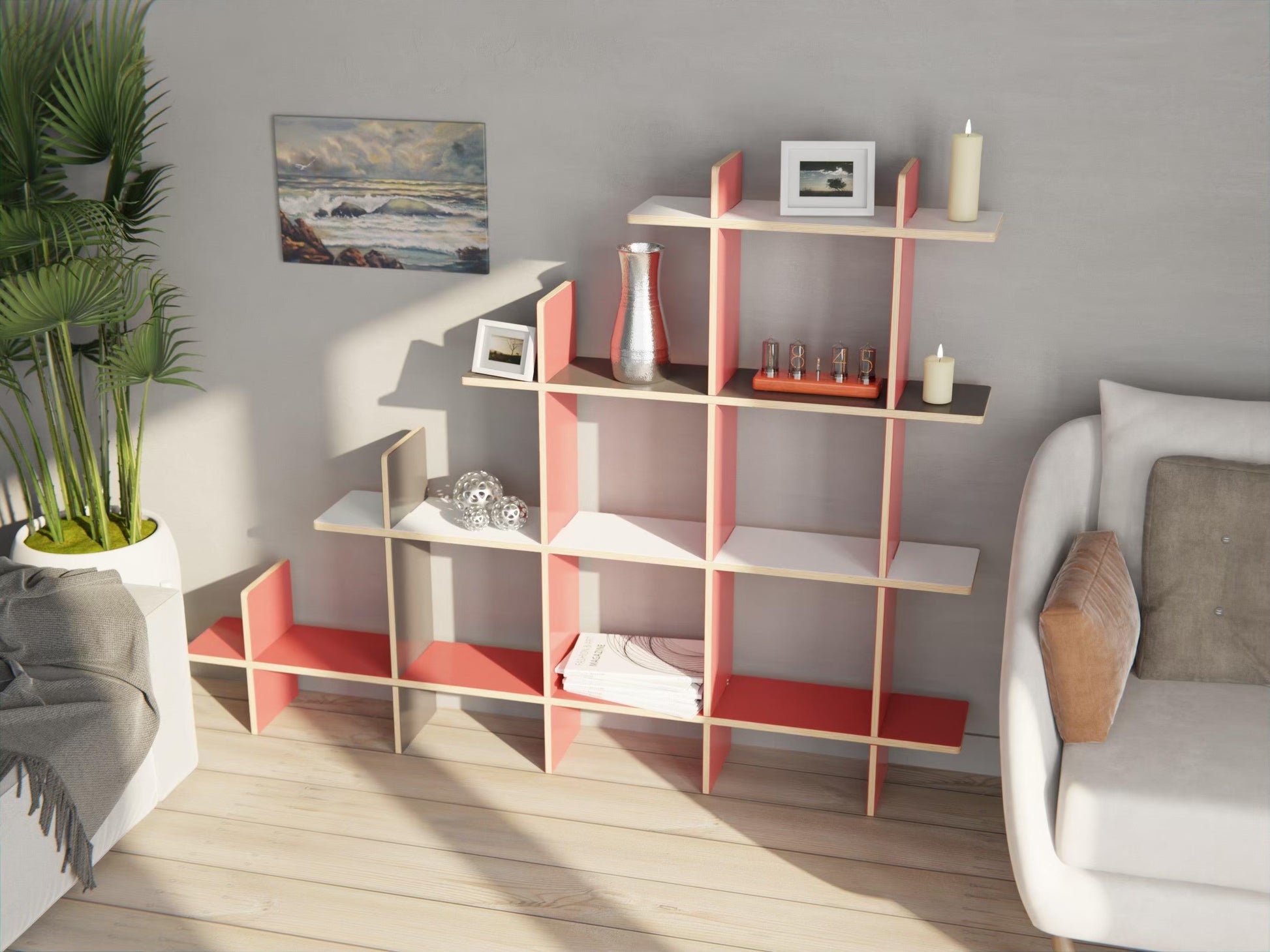 Modular birch plywood bookshelf with flexible sections — easy to reconfigure for any room or display setup