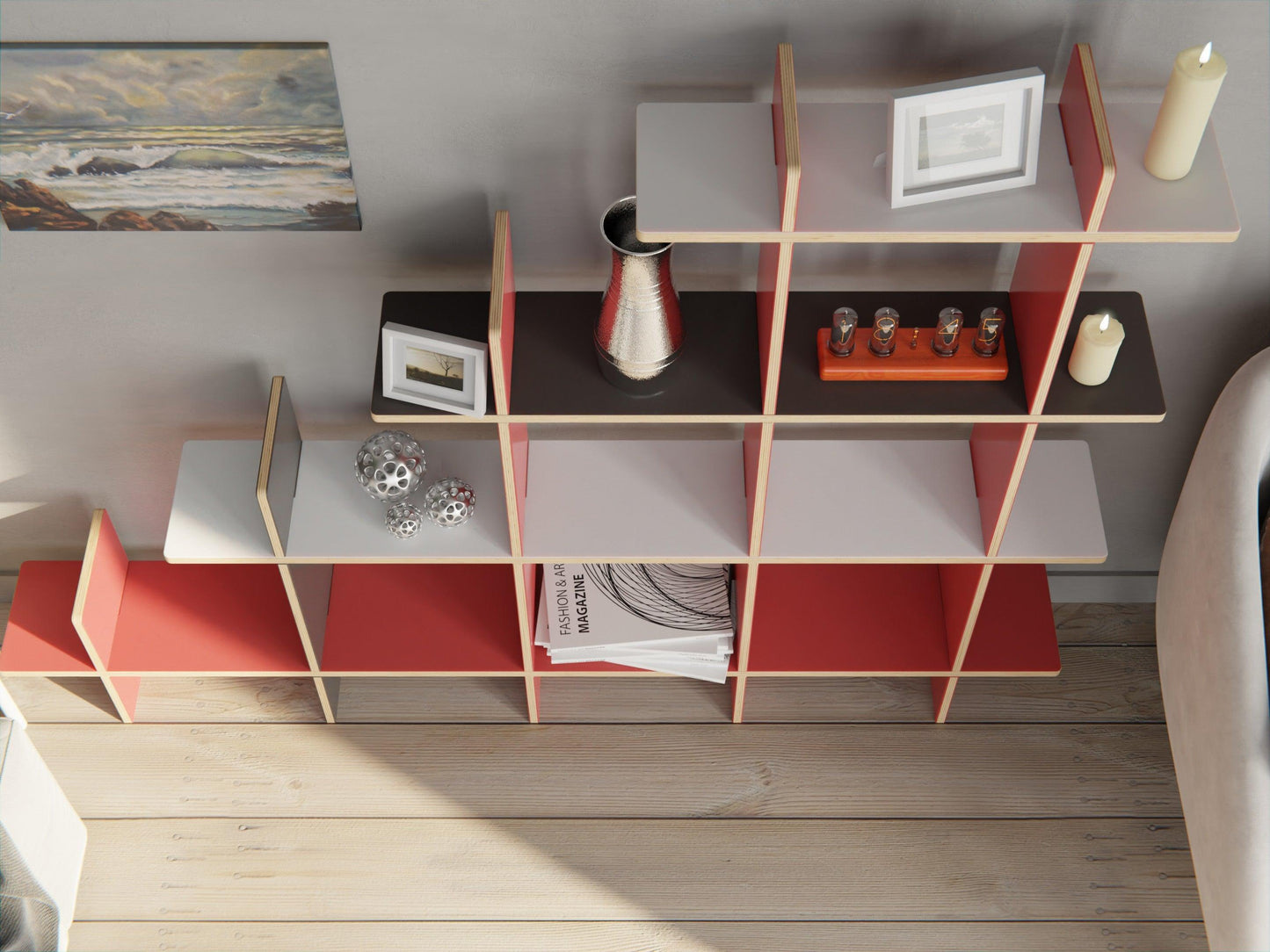 Maximise your storage with our red-white plywood modular bookshelf. Part of our stylish and practical Modular Shelf Storage System.