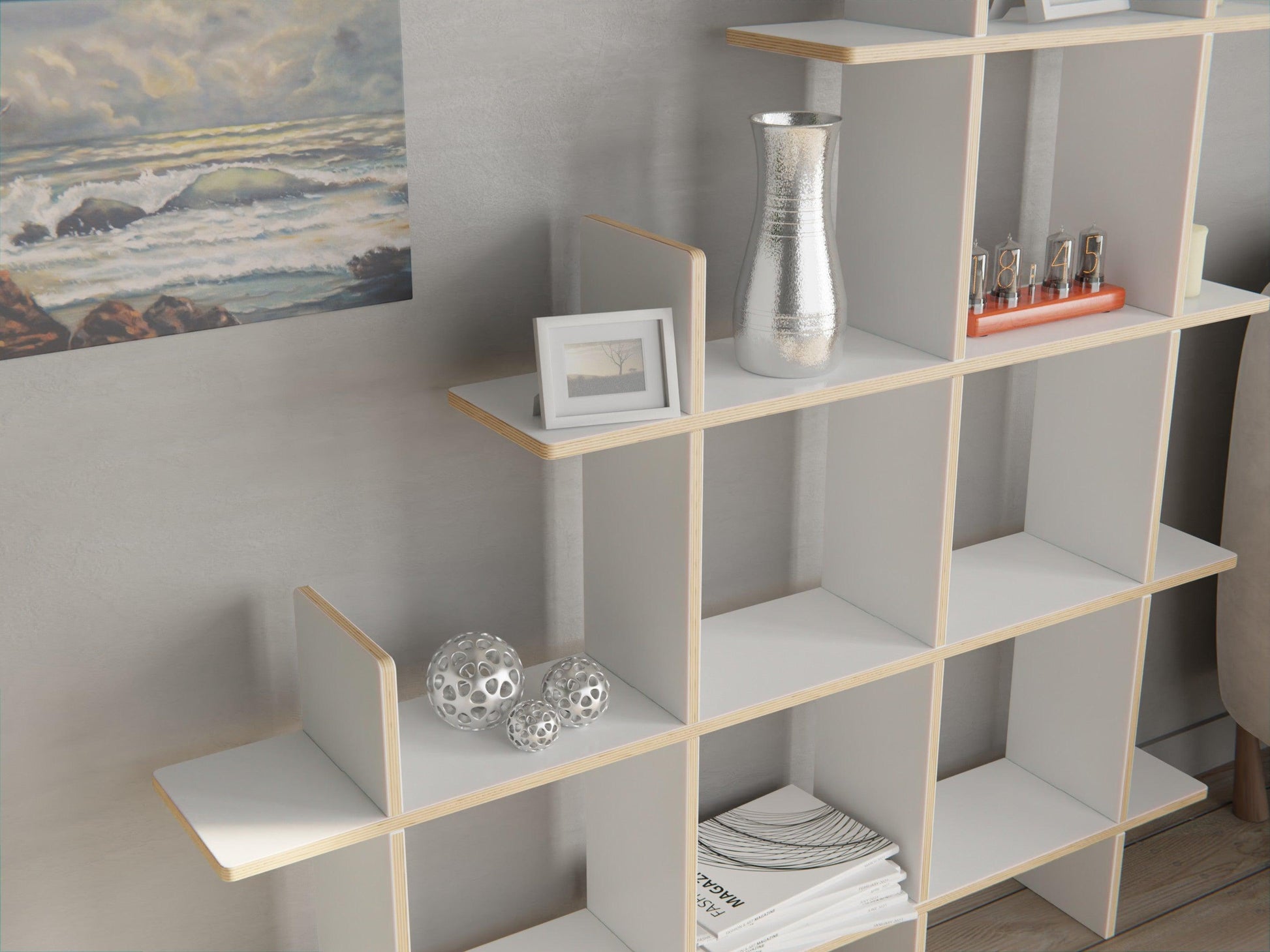Explore our Modular Shelf Storage System. A plywood modular white bookshelf perfect for your modern space.