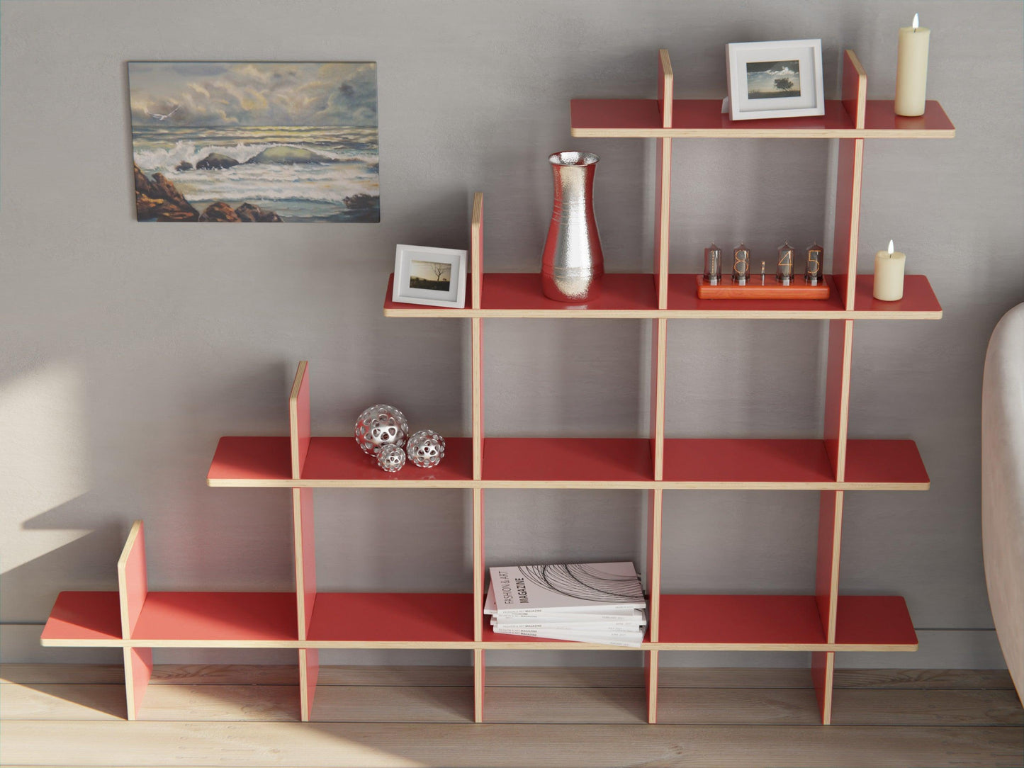 Embrace chic storage with our modular shelving units. Enhance any room with our  red Modular Shelf Storage System.