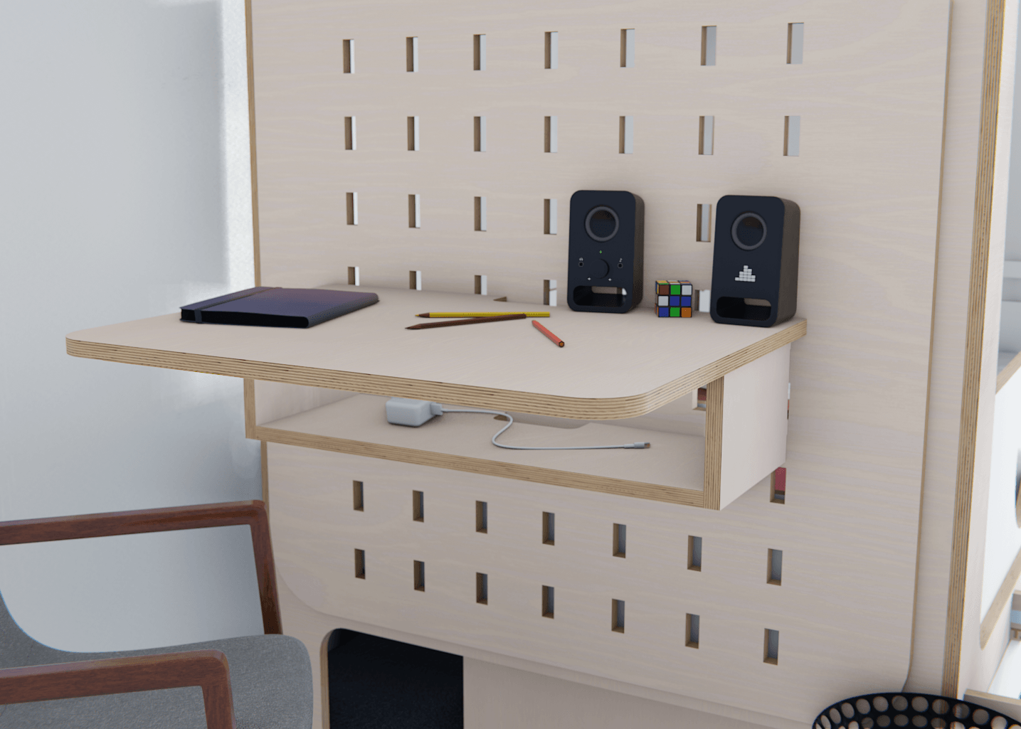 Craft a perfect study nook for your child with our space-efficient pegboard desk. Learning made fun.