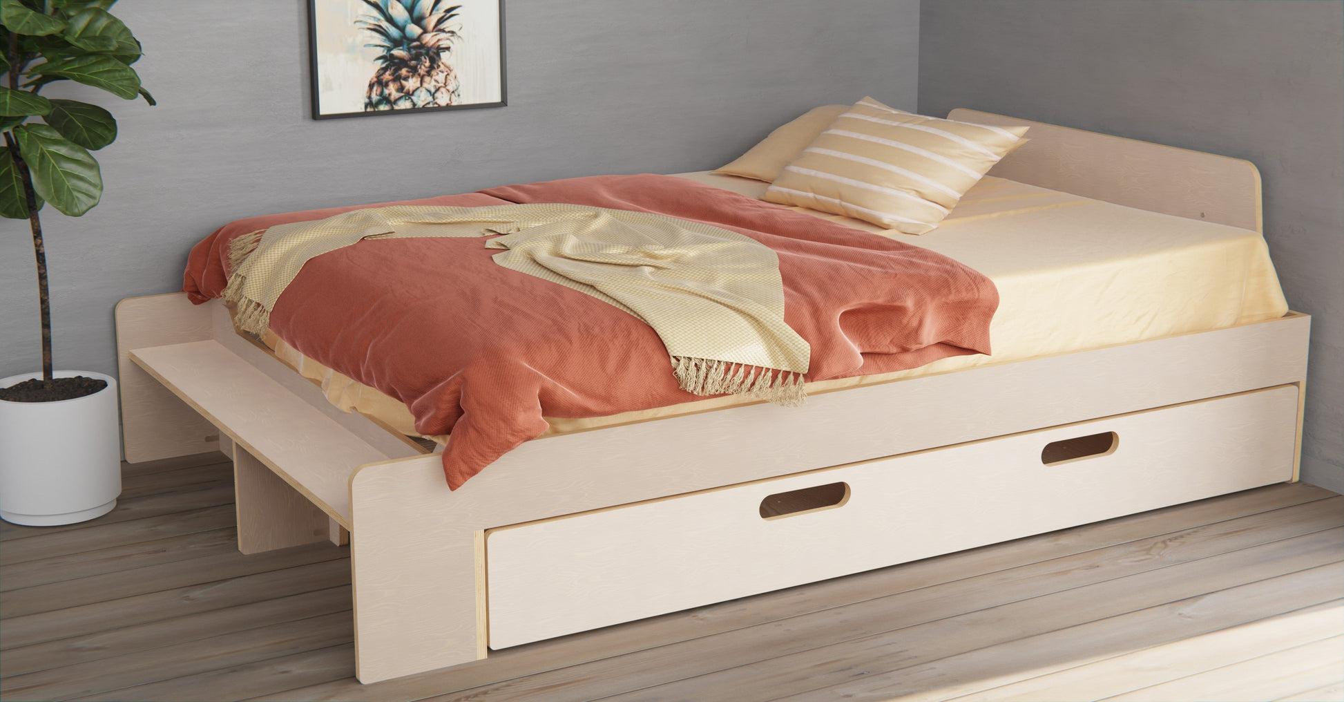 Elevate your bedroom with our double size plywood bed frames. Includes a shelf and headboard for added luxury.