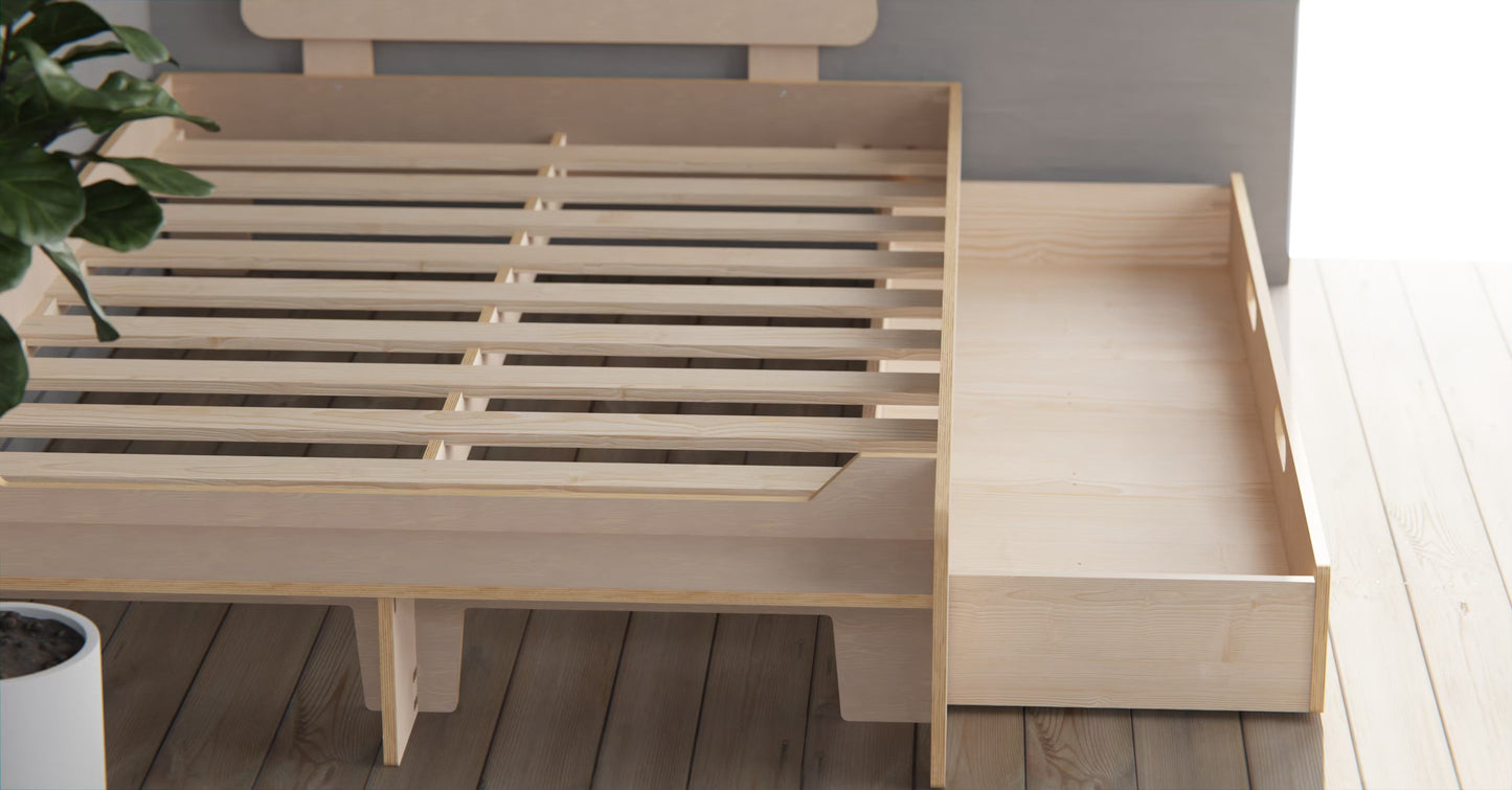 Space-saving double floor bed in natural wood for kids or adults; tidy, modern look