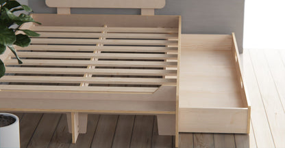 Space-saving double floor bed in natural wood for kids or adults; tidy, modern look