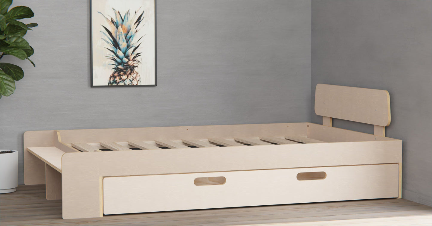 Built-in shelf doubles as a cosy seat or extra storage to maximise small spaces