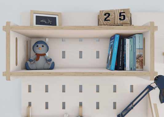 Meet our versatile double plywood shelf for pegboards - adaptable storage for kids room organisation.