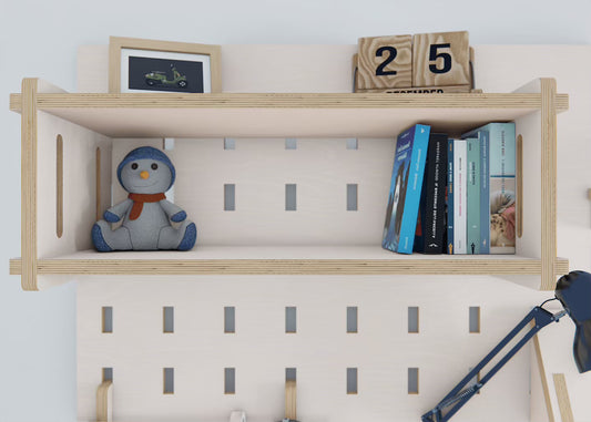 Meet our versatile double plywood shelf for pegboards - adaptable storage for kids room organisation