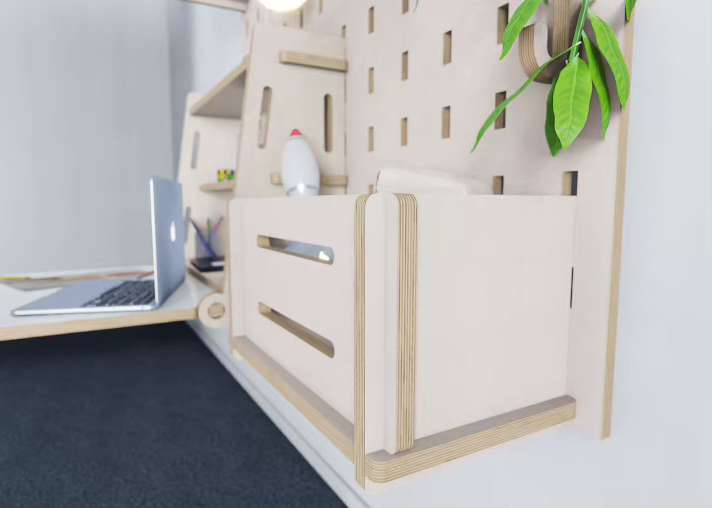 Introduce smart storage with our plywood drop box for pegboards. A seamless addition to any child's study space