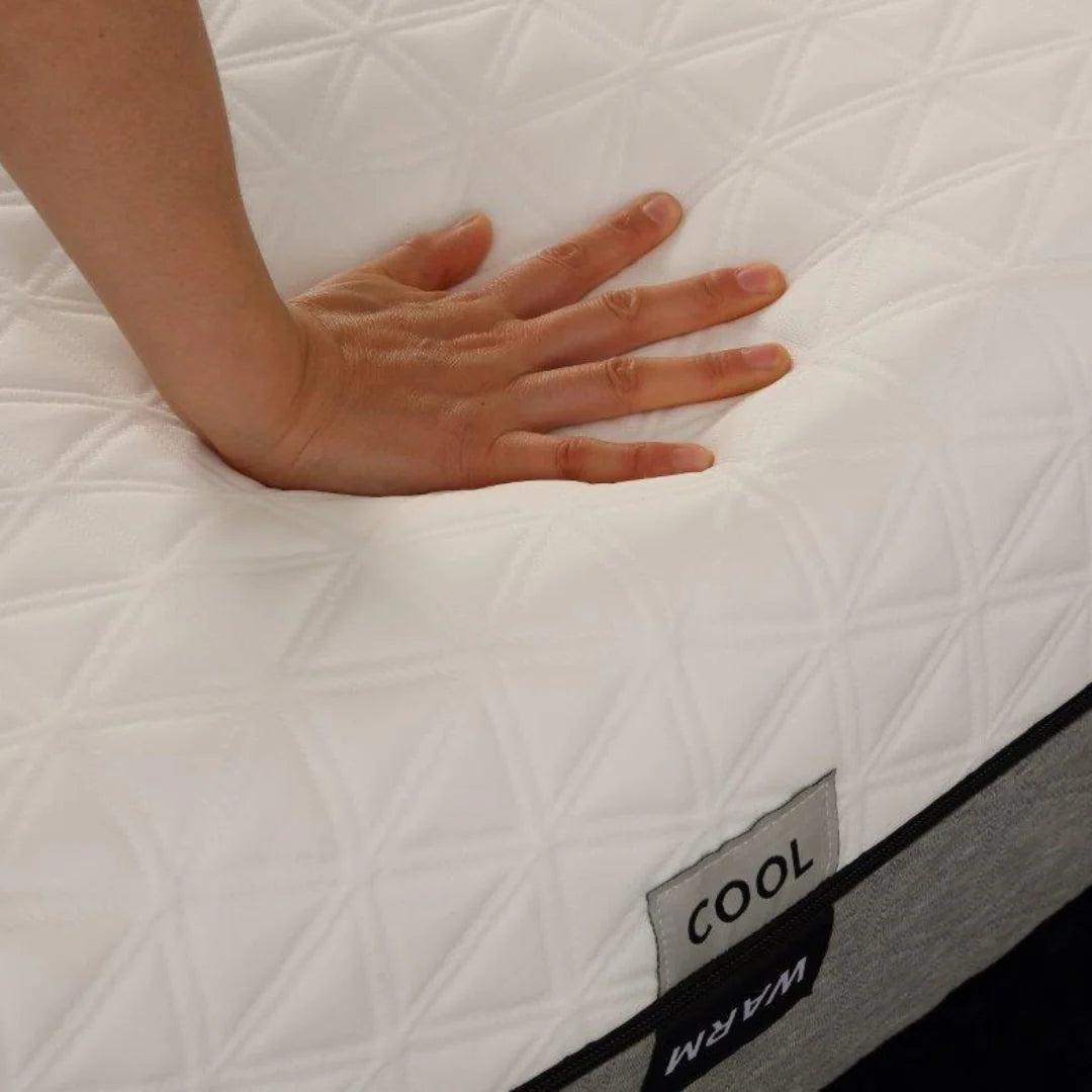 Premium Belgium-designed fabric showing SensICE cooling and Intense warming layers of Elite V2 mattress