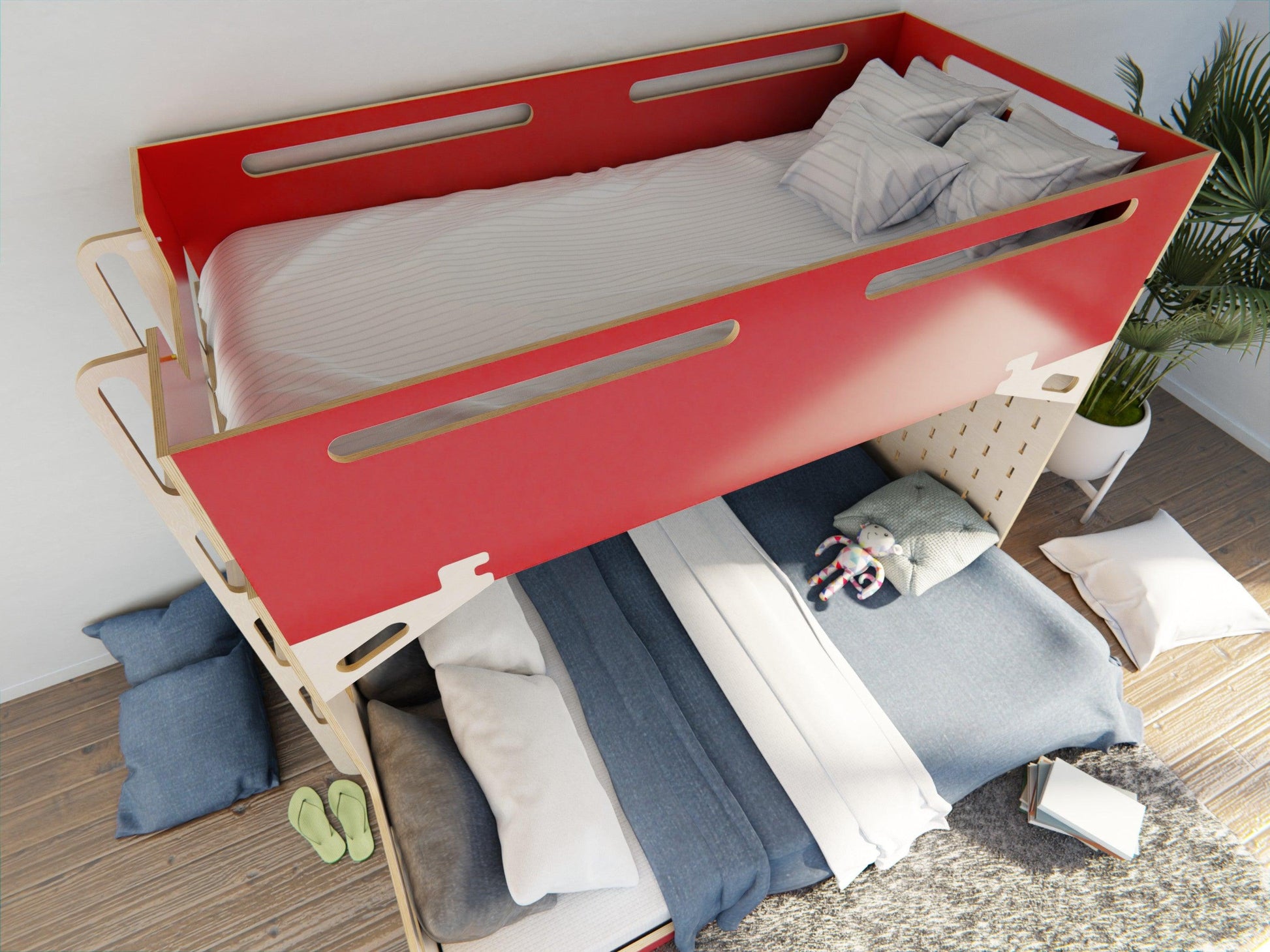 Space-saving triple bunk bed in red.