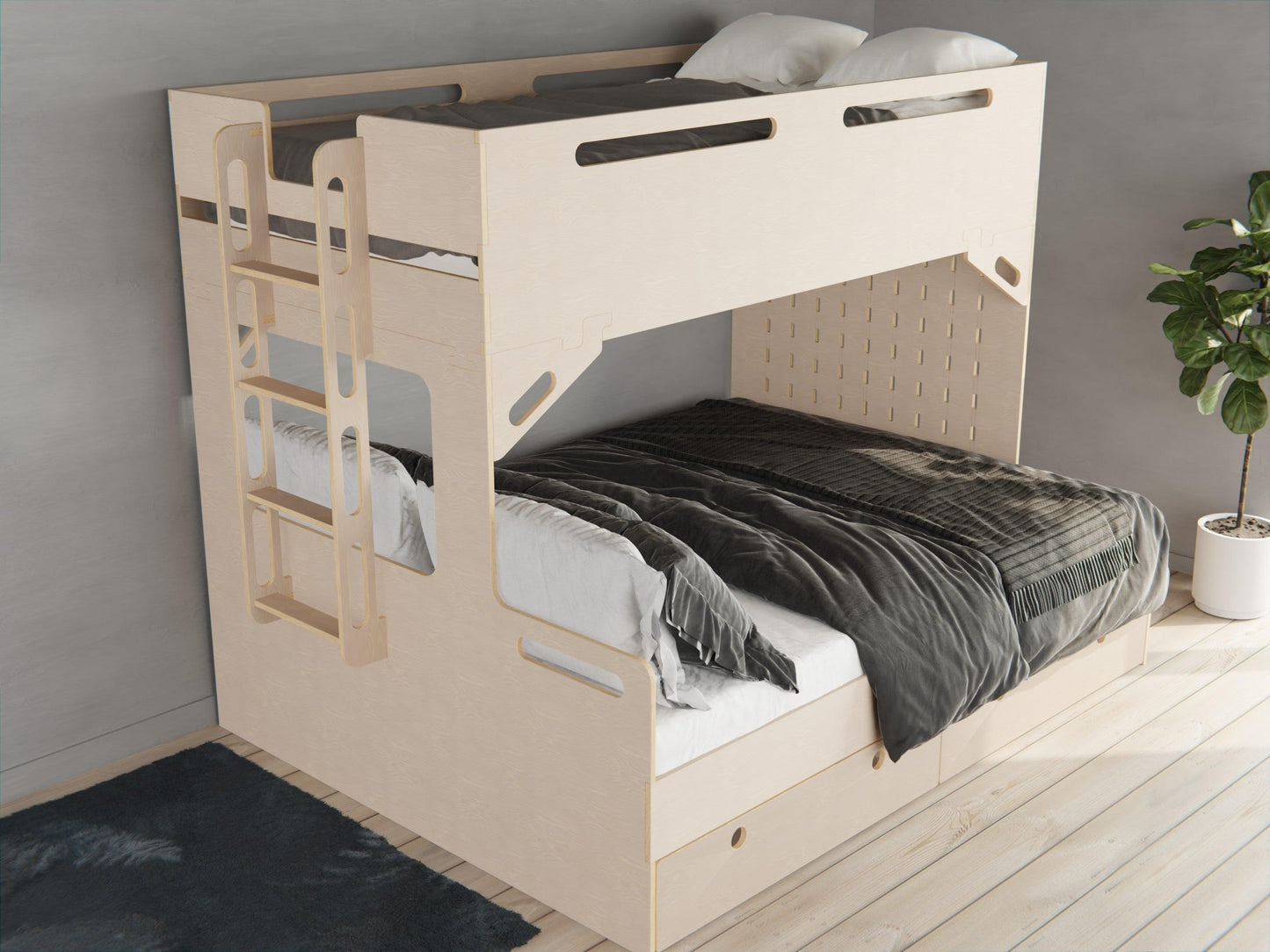 Our plywood triple bunk beds are perfect for growing families. Enjoy ample space and added storage drawers.