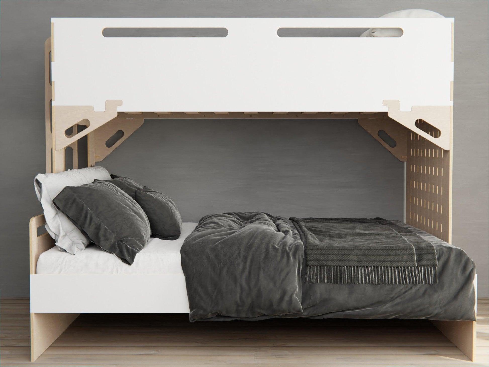 Unleash the potential of your room with our triple bunk beds. Made from durable white plywood for lasting quality.
