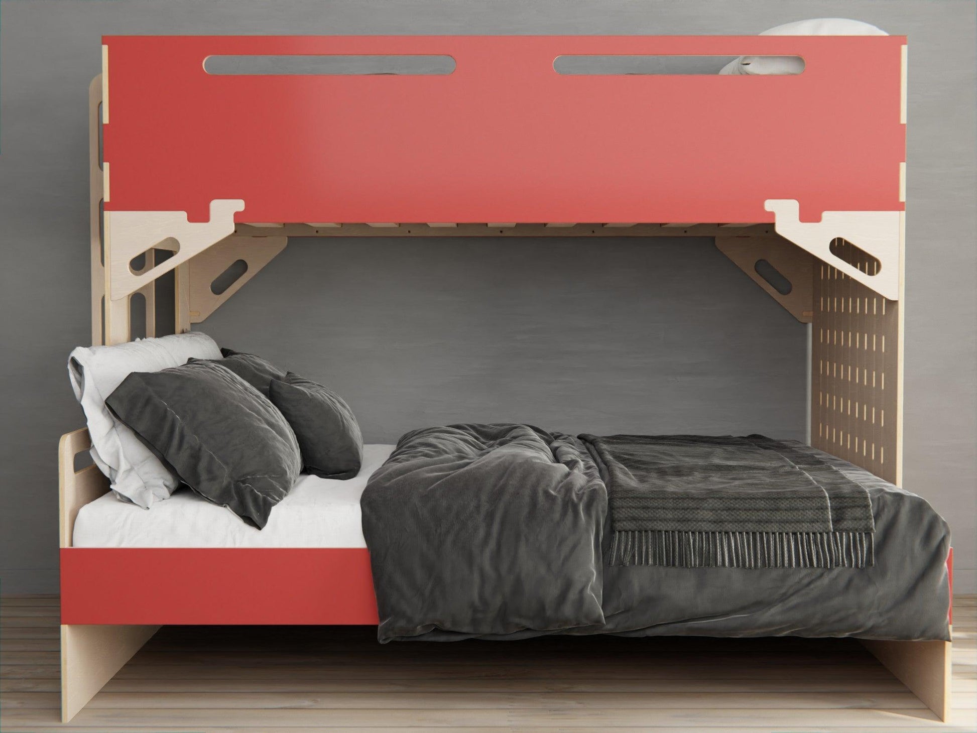 Discover the luxury of our space-saving plywood triple bunk bed in red. Perfect for large families or sleepovers.