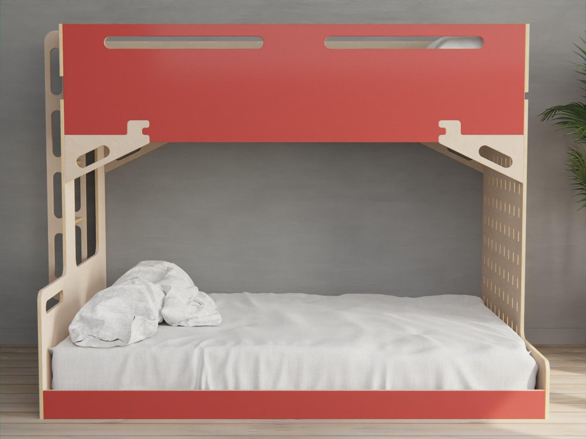 Embrace practicality and style with our plywood triple bunk bed in red. Designed to maximise space and comfort.