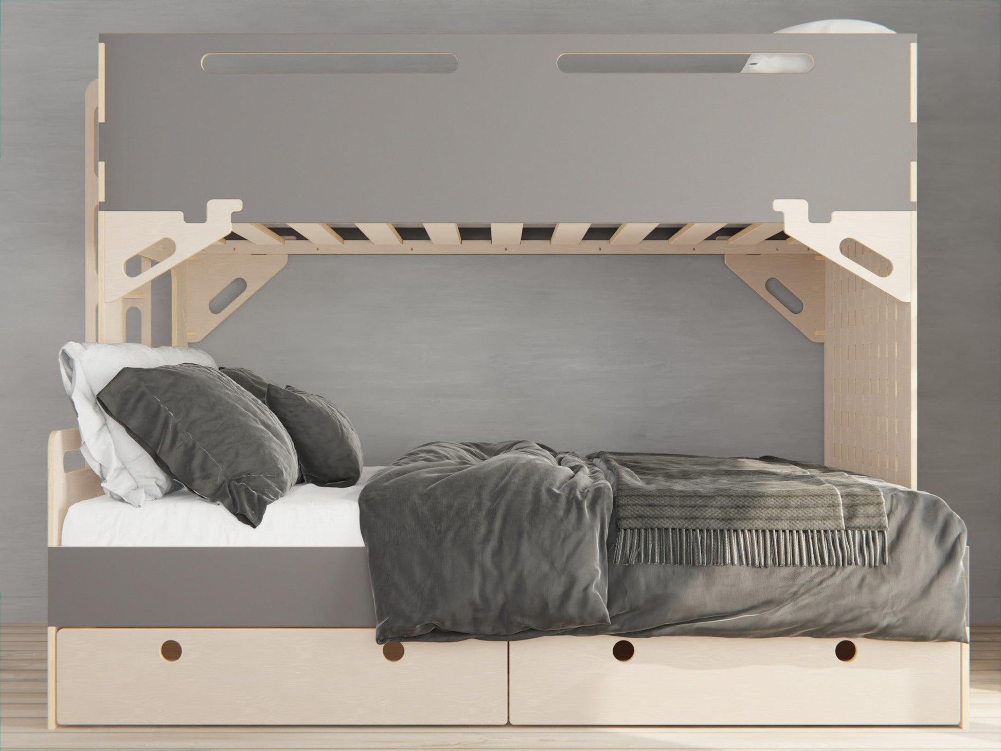 Upgrade your family living with our quality plywood bunk beds. Designed with storage drawers for optimal organisation.