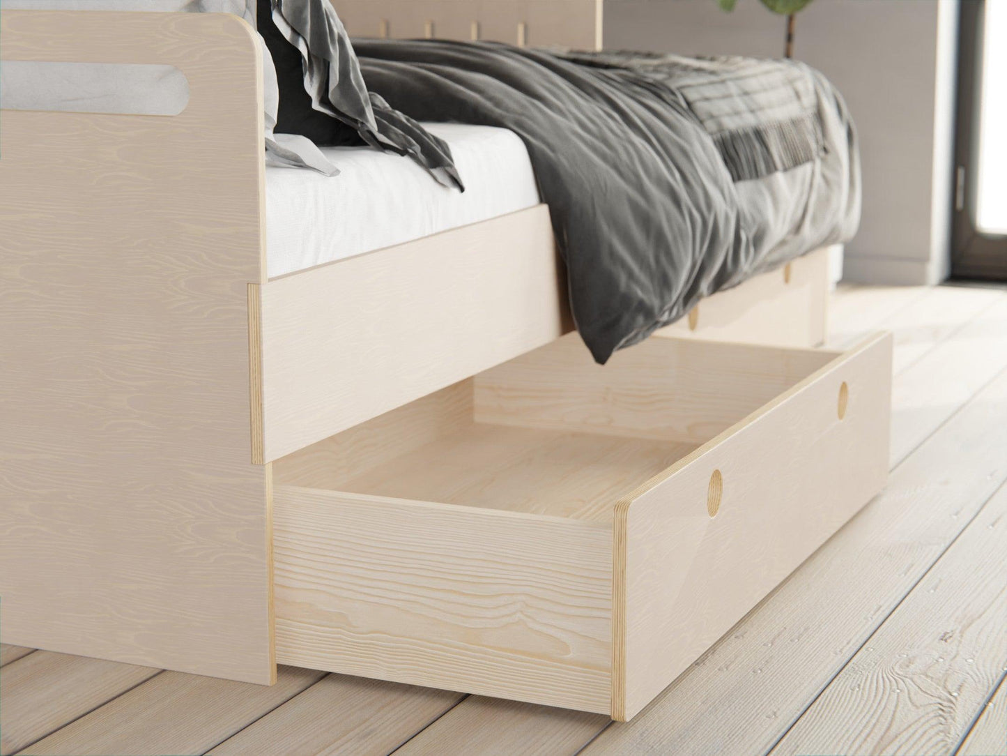 Experience the convenience of our plywood family bunk beds. Beds, storage drawers included. The ultimate space saver.