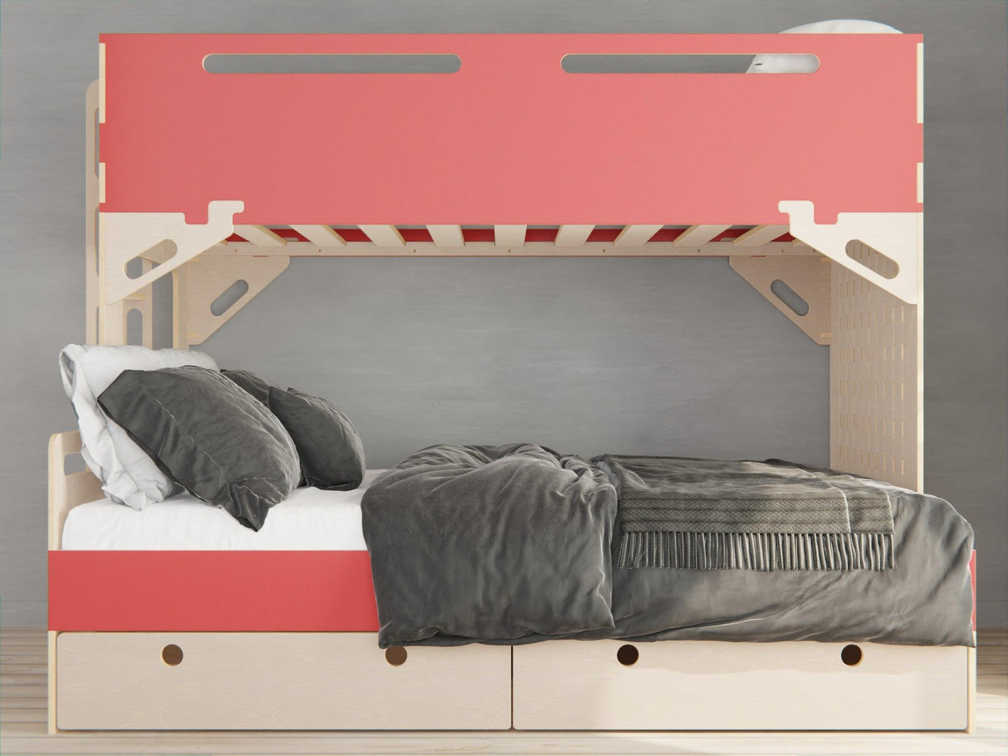 Maximise your space with our family-friendly plywood bunk beds in red. Bed with included storage drawers. Convenience meets comfort.