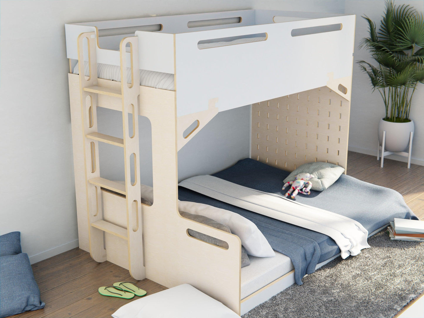 Transform your family's sleep with our triple bunk beds. Crafted from sturdy white plywood.